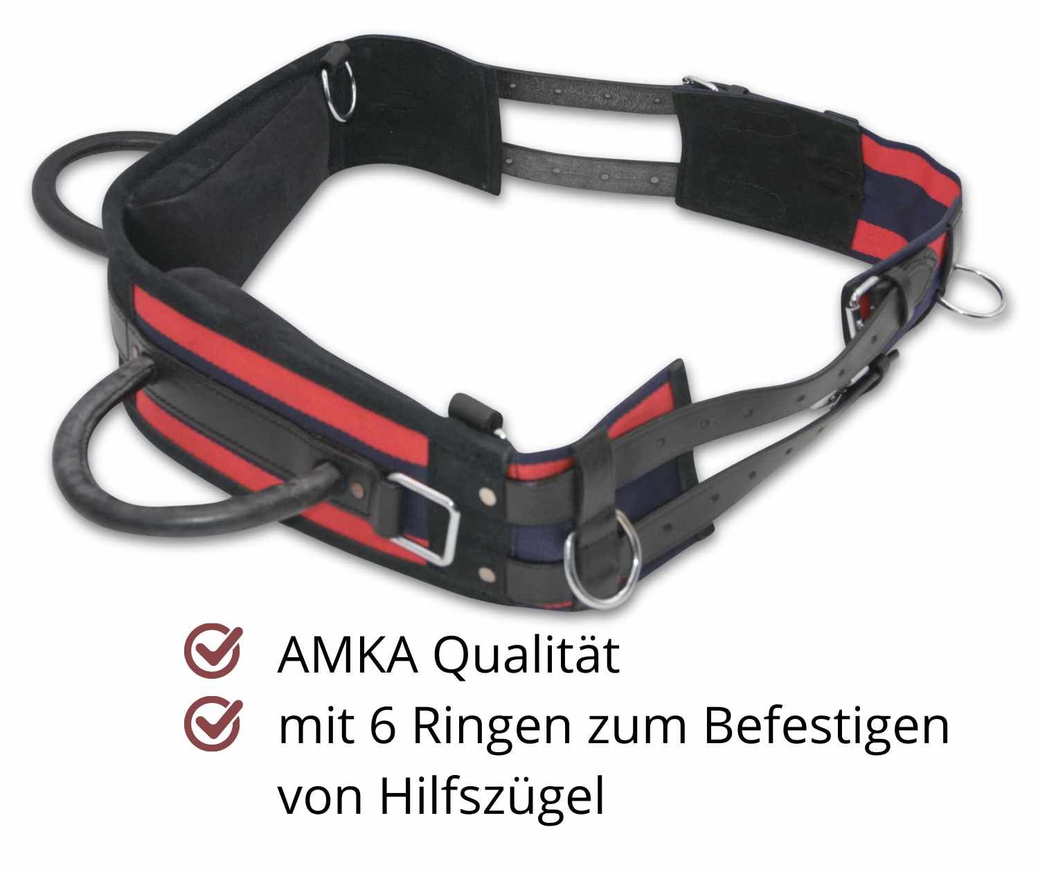 Longiergurt mit AMKA-Qualität. Rote und blaue Akzente, 6 Ringe. Schwarze Haltegriffe und Metallringe.