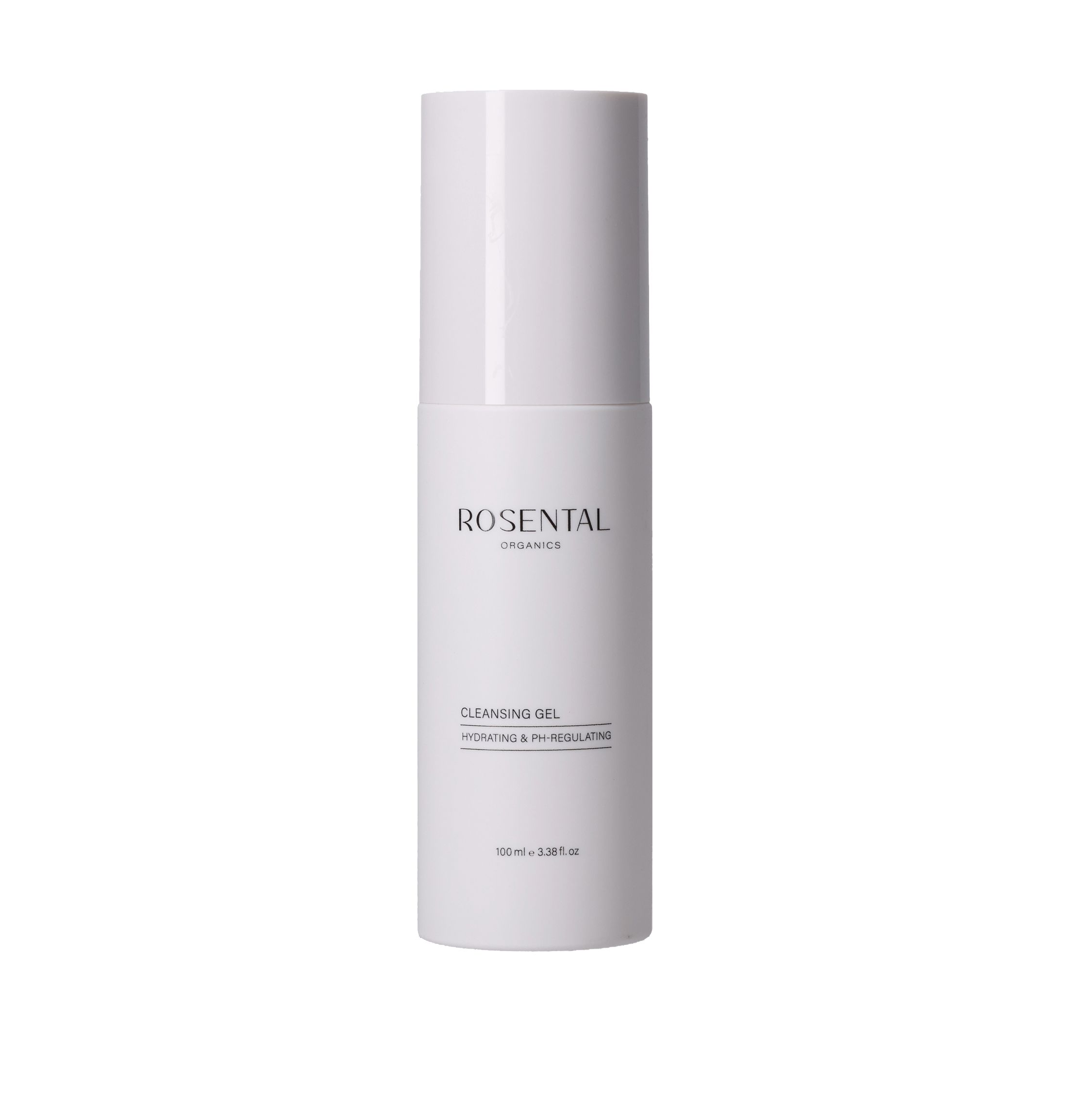 Weiße Flasche mit Rosental Organics-Logo und Produktbezeichnung Cleansing Gel. Text: Hydrating & pH regulating.