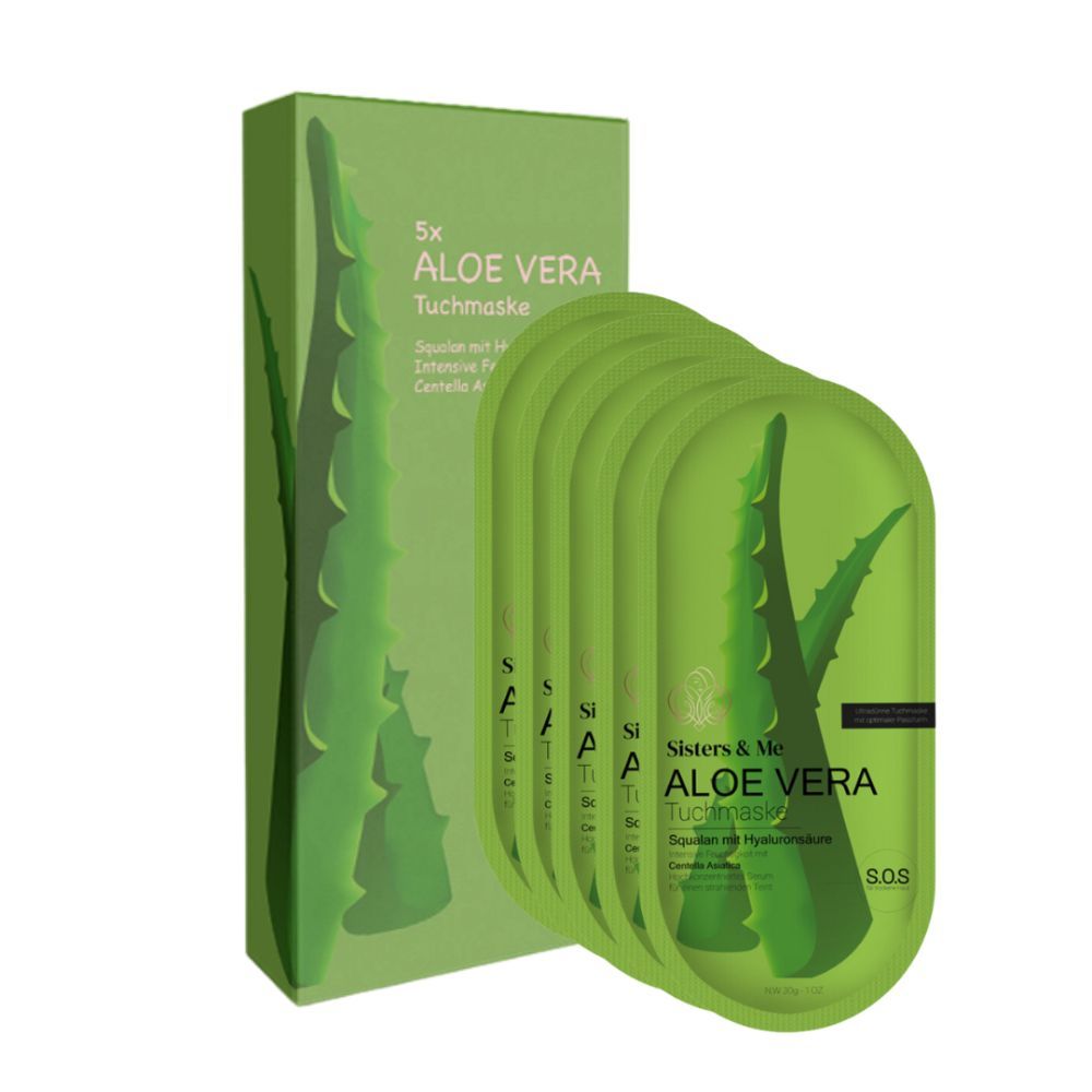 Grüne Verpackung mit 5 Aloe Vera Tuchmasken. Aufdruck: Aloe Vera, Sisters & Me. Abbildung einer Aloe Vera Pflanze.