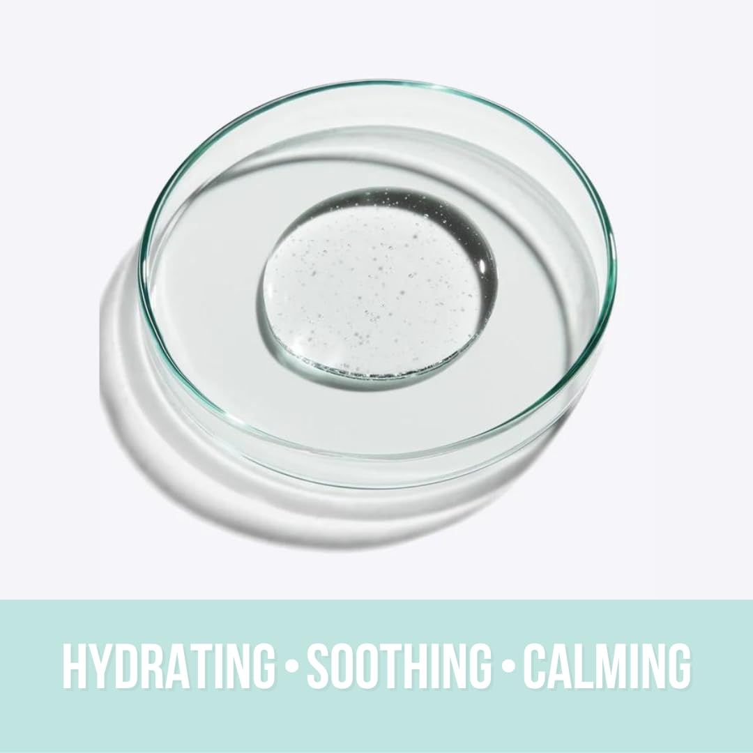 Runde Glasschale mit Serum. Aufschrift: HYDRATING, SOOTHING, CALMING.