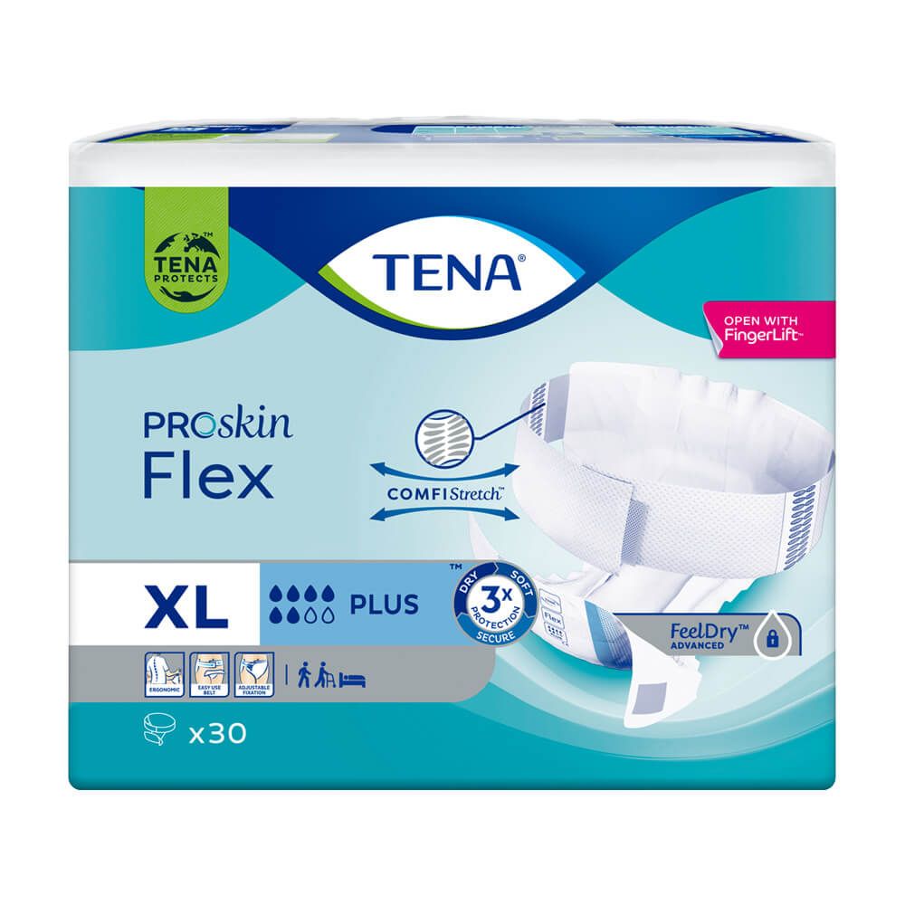 Verpackung mit TENA ProSkin Flex Plus XL. Produktname, XL-Größe und x30 Stück. Zertifizierung.