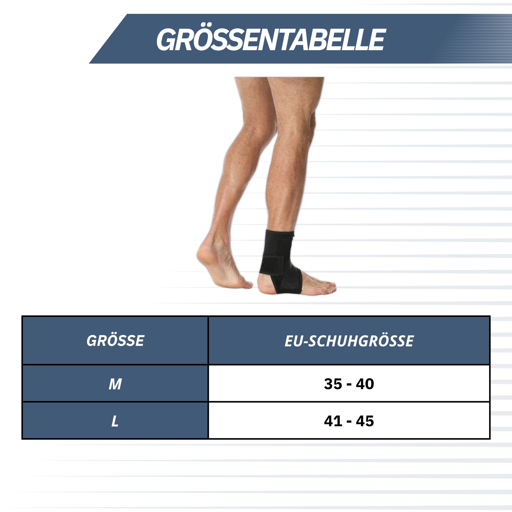 Größentabelle für Knöchelbandagen: M (35-40), L (41-45).