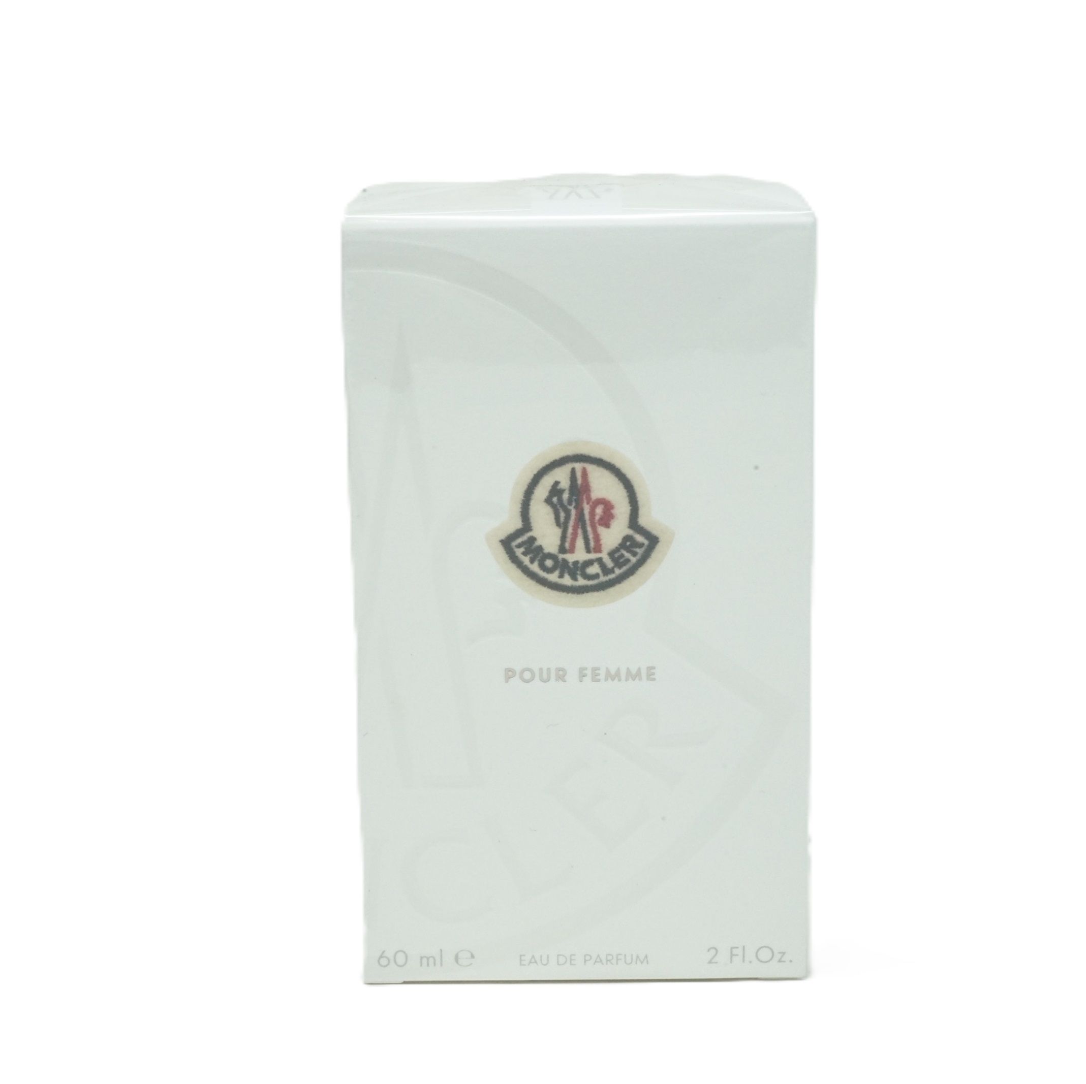 Weiße Verpackung mit Moncler-Logo und Schriftzug "Pour Femme". Unten steht "Eau de Parfum".