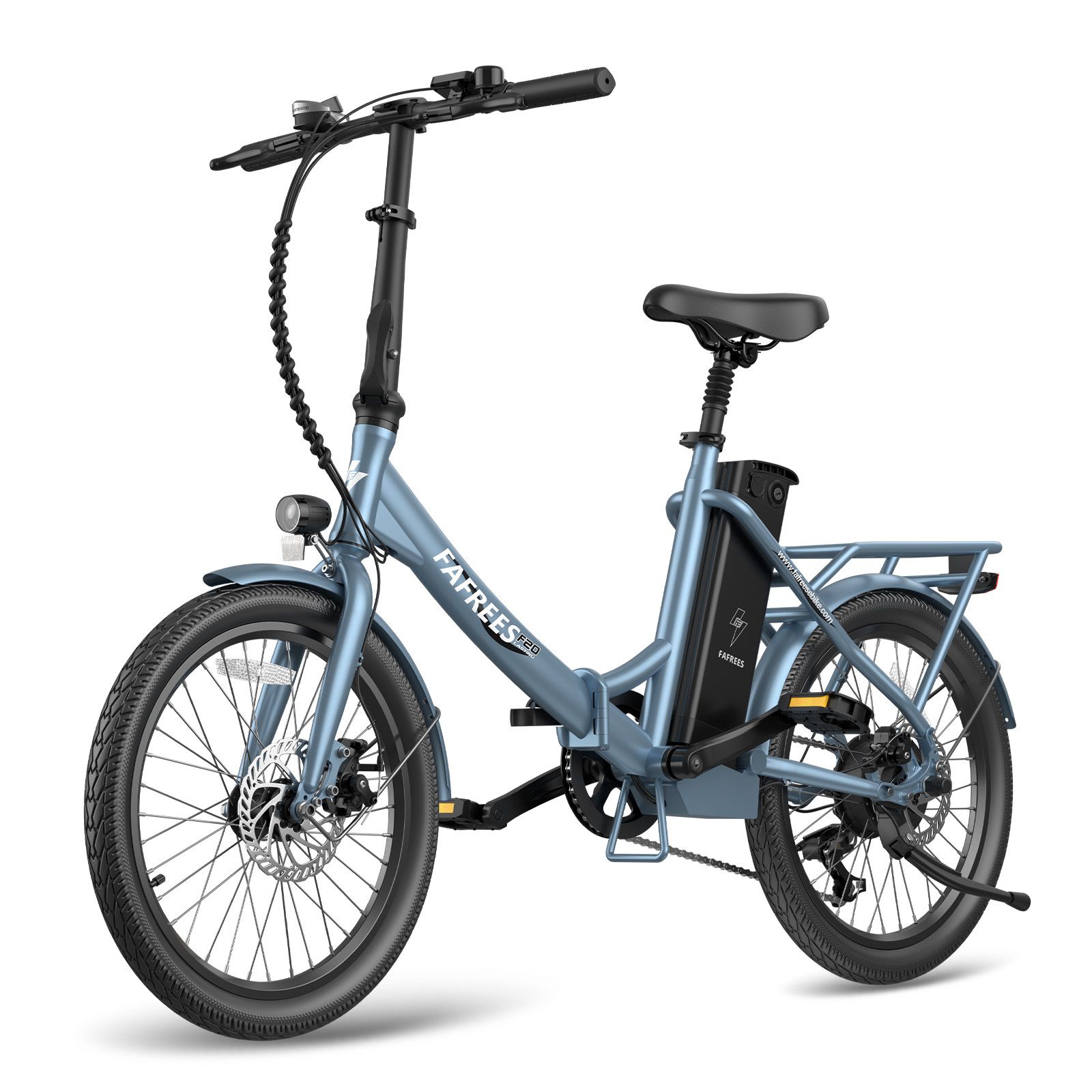 Blaues Fafrees F20 E-Bike. Klapprahmen, Gepäckträger, Scheibenbremsen. Akku am Rahmen. Schwarze Reifen und Sattel.