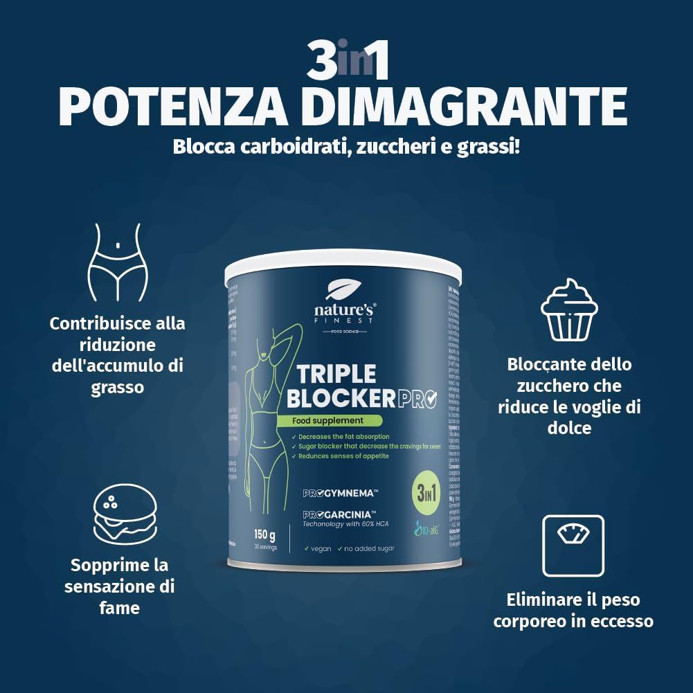 Produkt Nature's Finest Triple Blocker PRO. Dose mit Produktnamen und Illustrationen. 150g. Text: 3-in-1, Potenza Dimagrante.