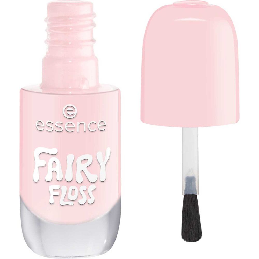 Rosa Nagellackflasche mit geöffnetem Deckel und Pinsel. Auf der Flasche steht "essence" und "Fairy Floss".