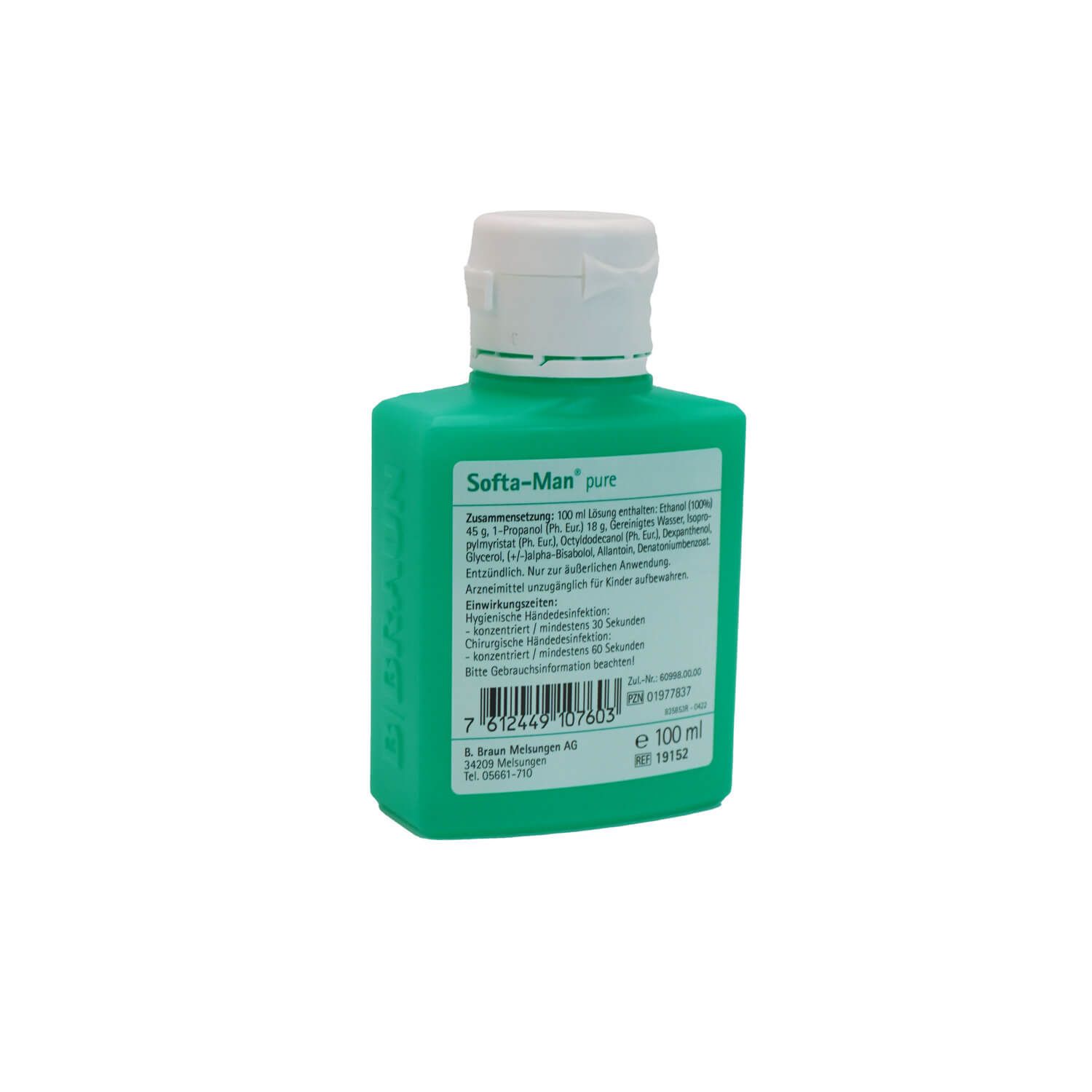 Rückseite einer grünen Flasche mit weißem Verschluss, beschriftet mit 'Softa-Man pure' und Inhaltsangaben.