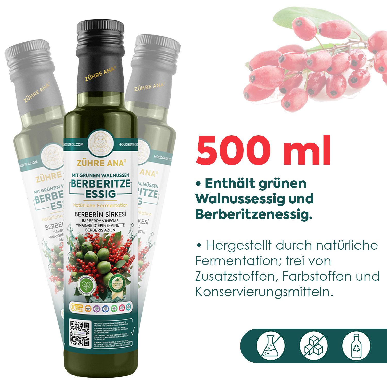 Flasche mit Berberitzenessig, 500 ml, mit grünen Walnüssen und Berberitzen.