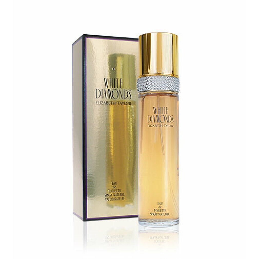 White Diamonds Eau de Toilette Flakon und Schachtel. Goldfarbener Deckel, silberner Ring, Schriftzug. Schachtel.