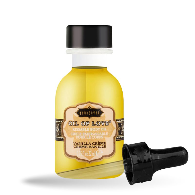 Gelbe Flasche mit schwarzem Verschluss und Etikett. Aufschrift: Oil of Love, Vanilla Crème. Separater schwarzer Tropfer.