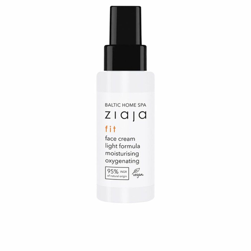 Weiße Flasche mit schwarzem Sprühkopf. Aufschrift: ZIAJA fit face cream light formula. 95% Inhaltsstoffe natürlichen Ursprungs.