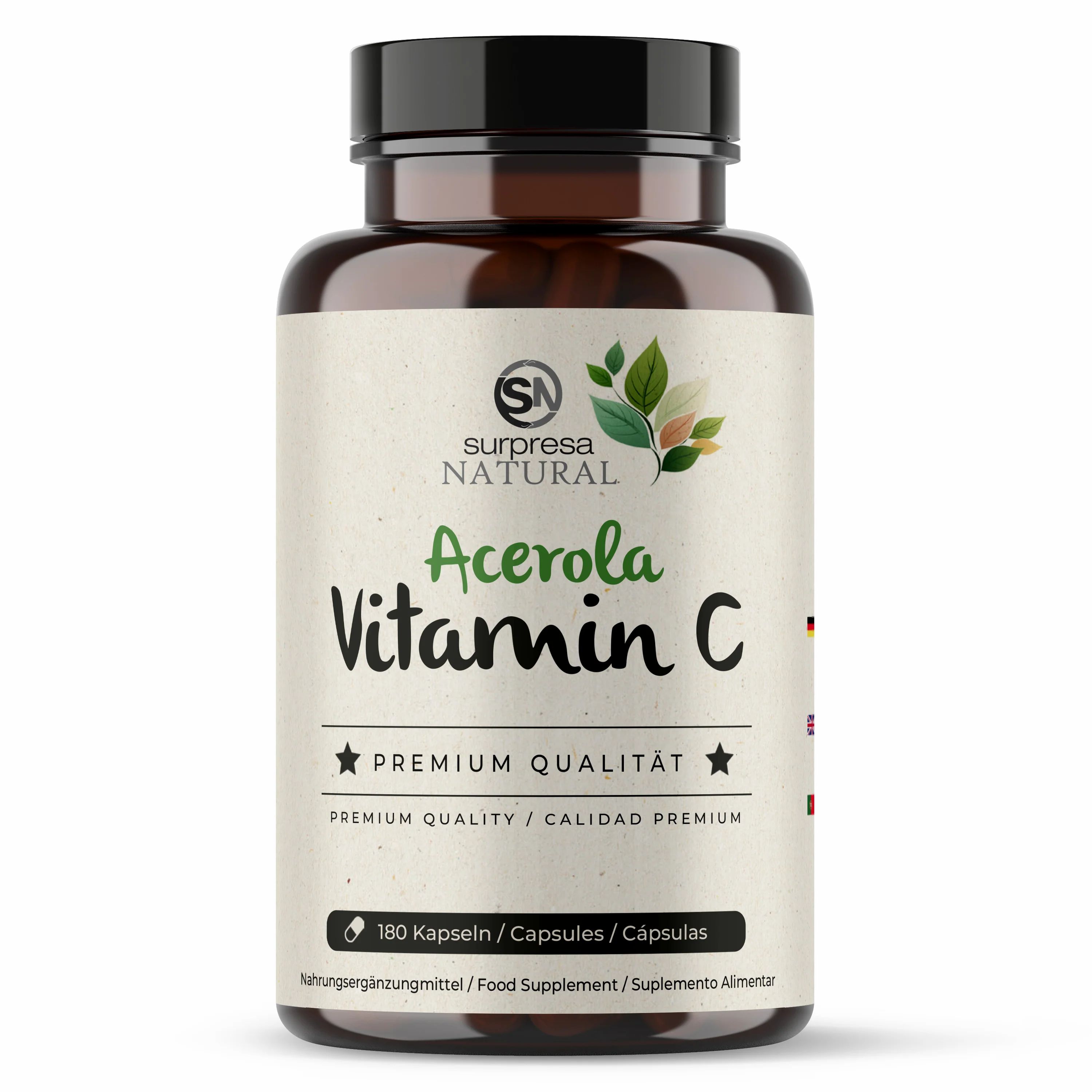Braune Flasche mit weißem Etikett. Aufschrift: Acerola Vitamin C. 180 Kapseln. Premium Qualität.
