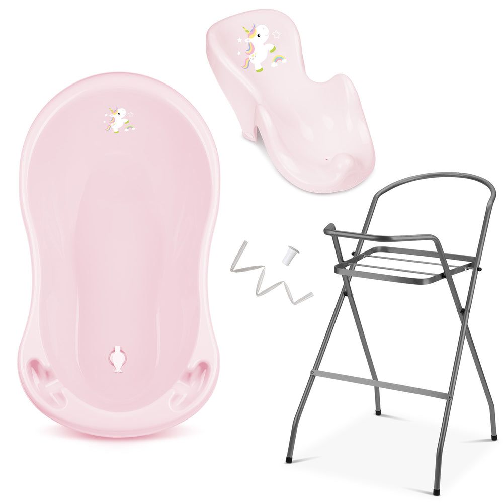 Babybadewanne, Badesitz und Badewannenständer. Zubehör: Abflussschlauch und Halterungen.