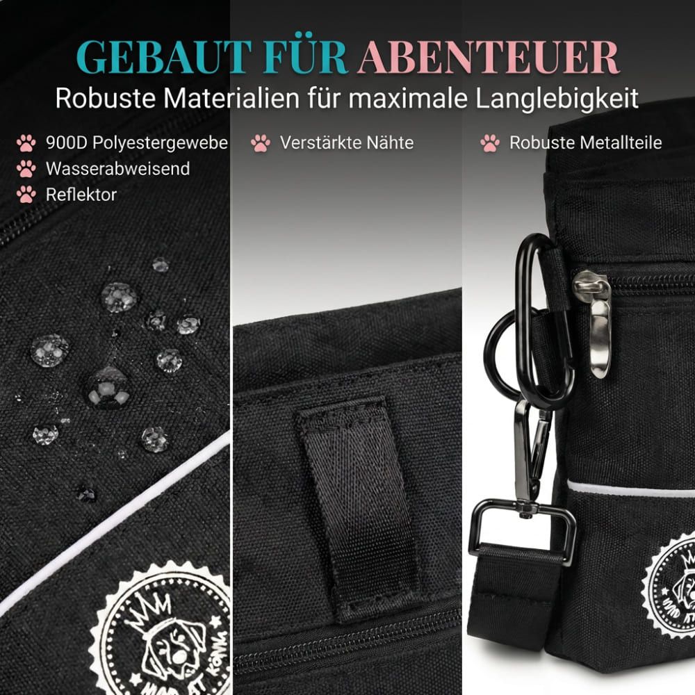 Nahaufnahme der Leckerlietasche. Schwarzes Polyestergewebe, verstärkte Nähte, robuste Metallteile, Reflektor. Karabinerhaken.