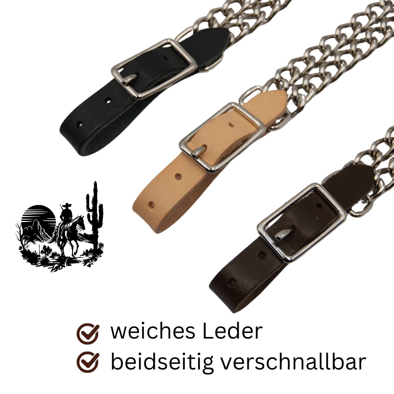 Drei Kinnriemen mit doppelter Kette in Schwarz, Beige und Braun. Mit Schnallen und weichem Leder. Beidseitig verschnallbar.