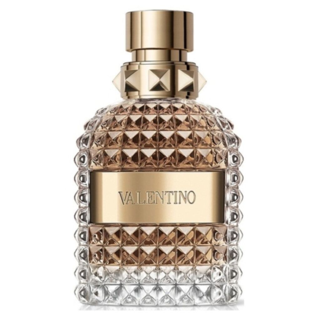 Valentino Uomo Edt Spray Flakon. Transparenter Flakon mit brauner Flüssigkeit. Goldener Hals und Verschluss.