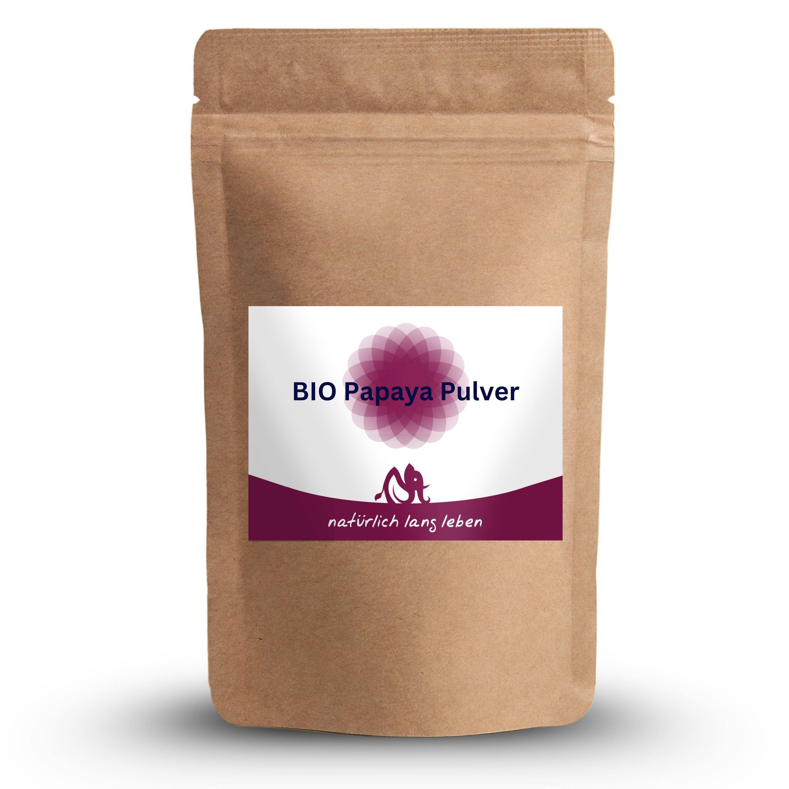 Braune Papiertüte mit Etikett. Auf dem Etikett steht BIO Papaya Pulver und natürlich lang leben. Lila Blütenmuster.