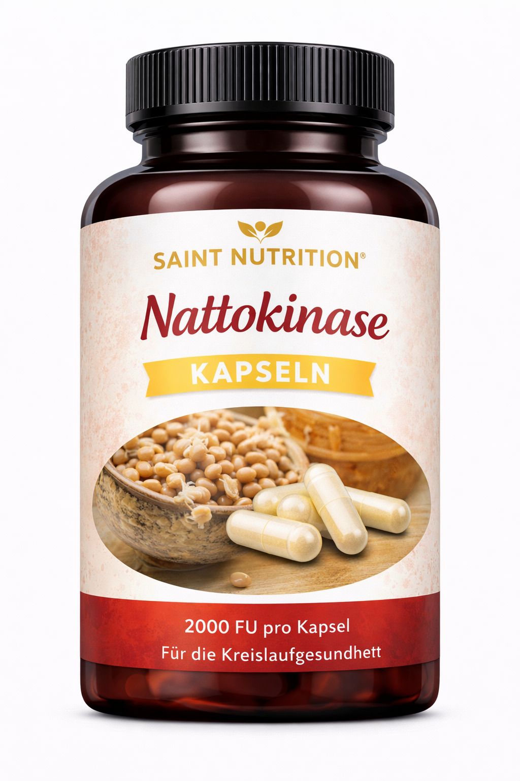 Braune Flasche mit schwarzen Deckel. Aufschrift: Saint Nutrition Nattokinase Kapseln. Abbildung von Kapseln und Sojabohnen.