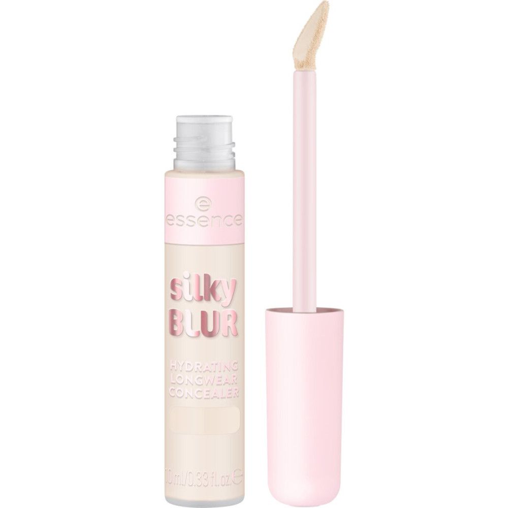Beige Korrekturstift mit rosa Deckel und Applikator. Aufschrift: Silky Blur Hydrating Longwear Concealer. Marke: Essence.