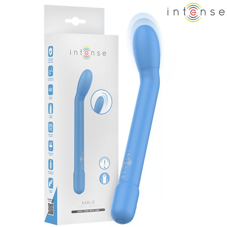 Blauer G-Punkt-Stimulator mit ergonomischer Form und Verpackung.