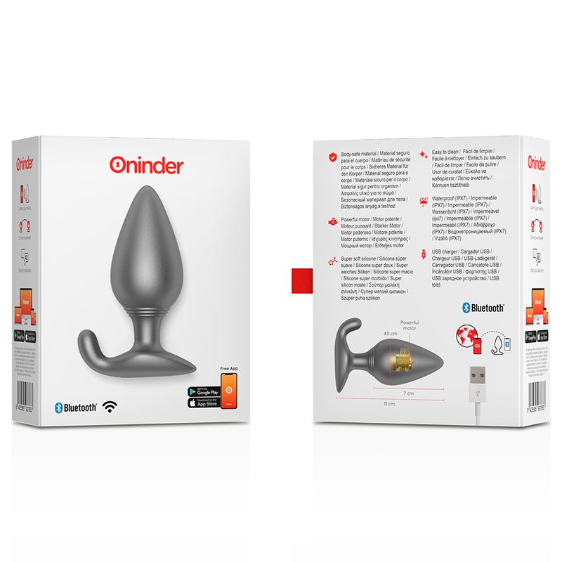Produktverpackung mit Analplug. Produktname Oninder. Informationen zu Materialien und Funktionen. Bluetooth-Logo.