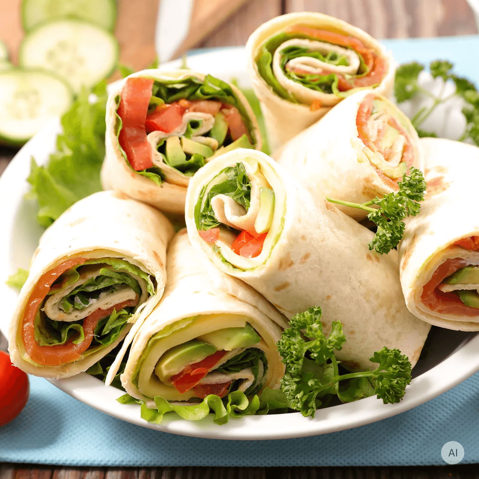 Mehrere Wraps mit Lachs, Salat, Avocado und Tomaten auf einem Teller.