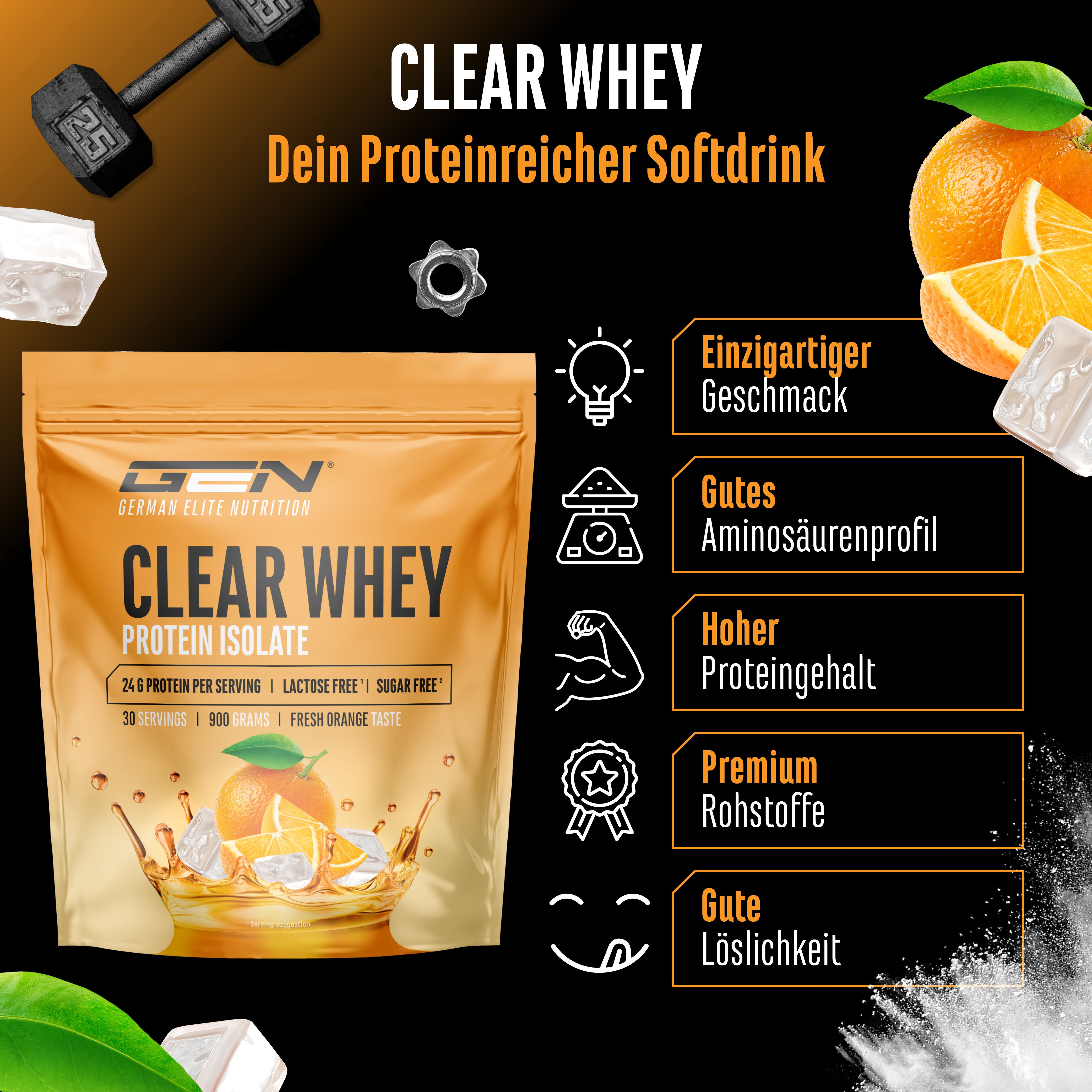 Produktabbildung von Clear Whey Protein. Beutel mit Produktname, Nährwertangaben, und Illustration von Orangen und Eiswürfeln.