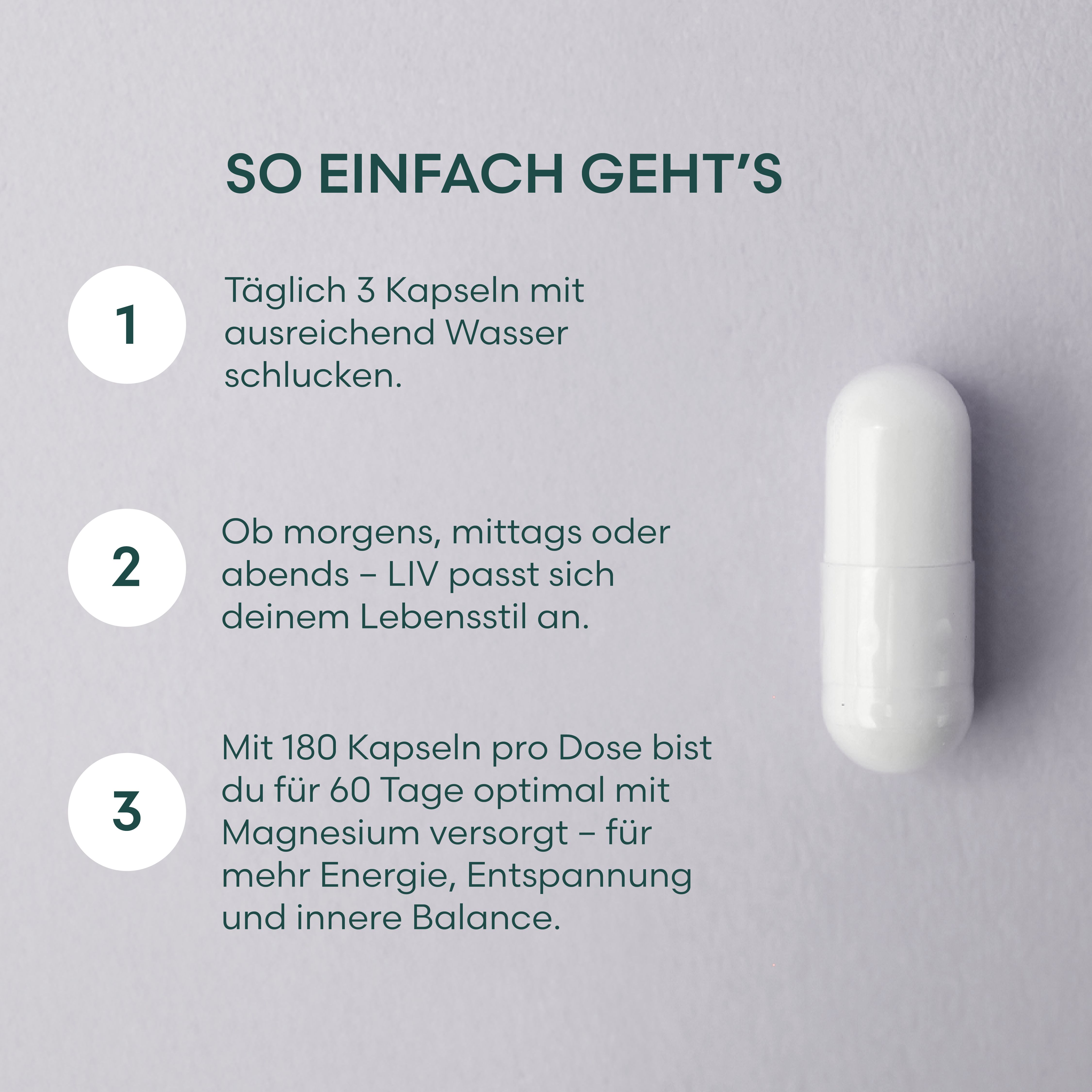 Eine weiße Kapsel. Text: Täglich 3 Kapseln schlucken. LIV passt sich dem Lebensstil an. 180 Kapseln für 60 Tage.