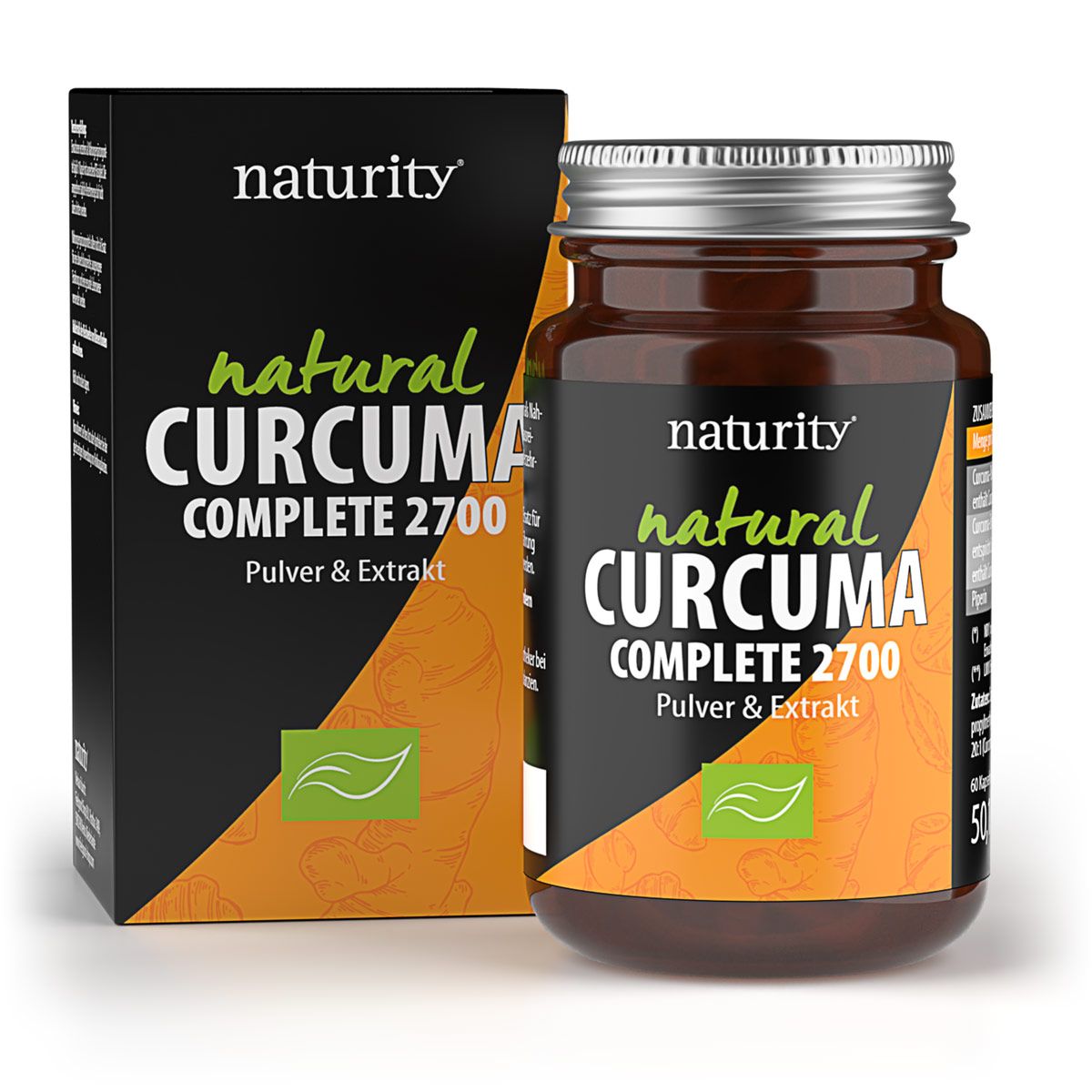 Naturity CURCUMA Complete 2700. Braune Glasflasche und Schachtel mit Produktinformationen. Orangefarbene Akzente und grünes Logo.