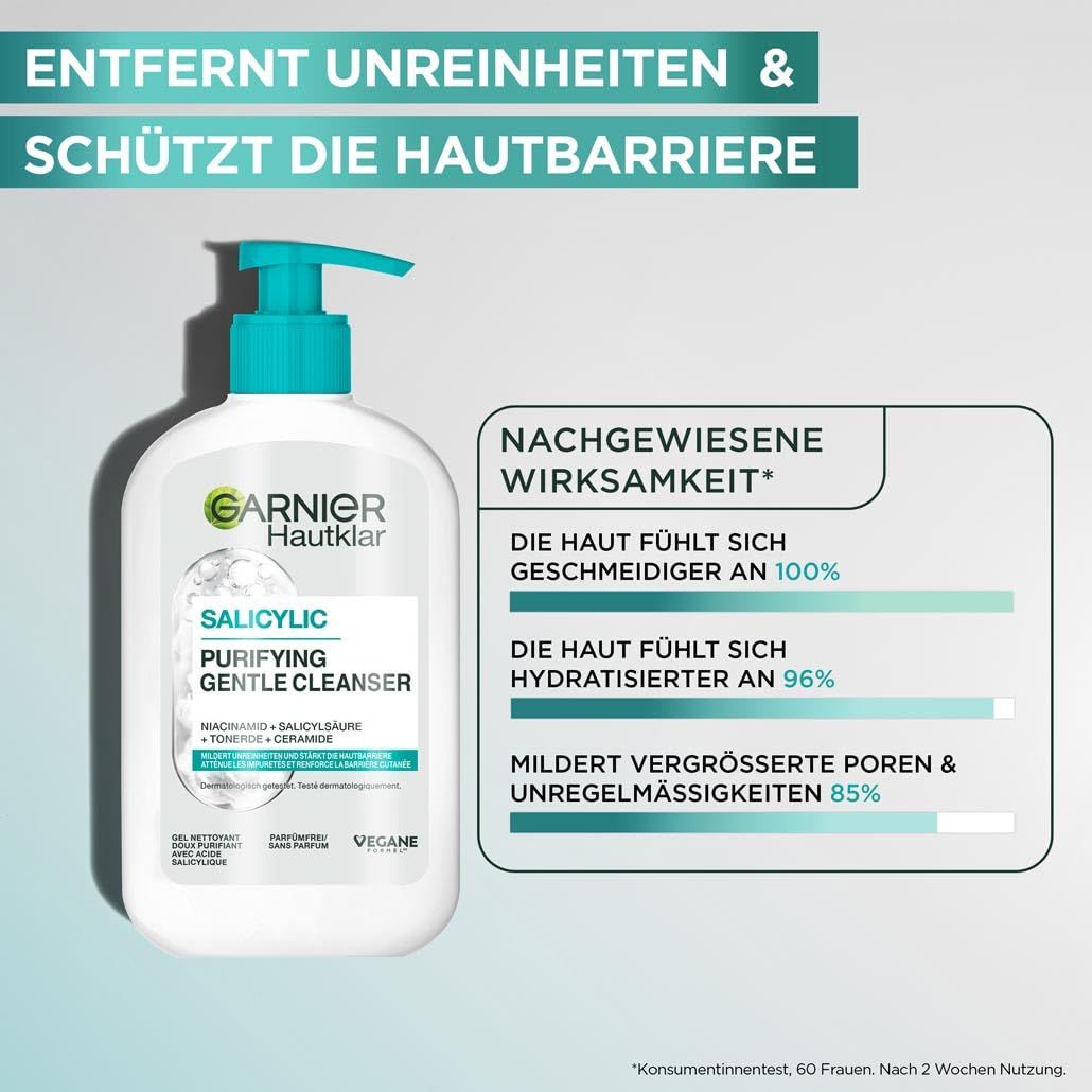 Produktflasche mit Text und Diagramm. Text: Garnier Hautklar Salicylic Purifying Gentle Cleanser. Diagramm mit Wirksamkeit.