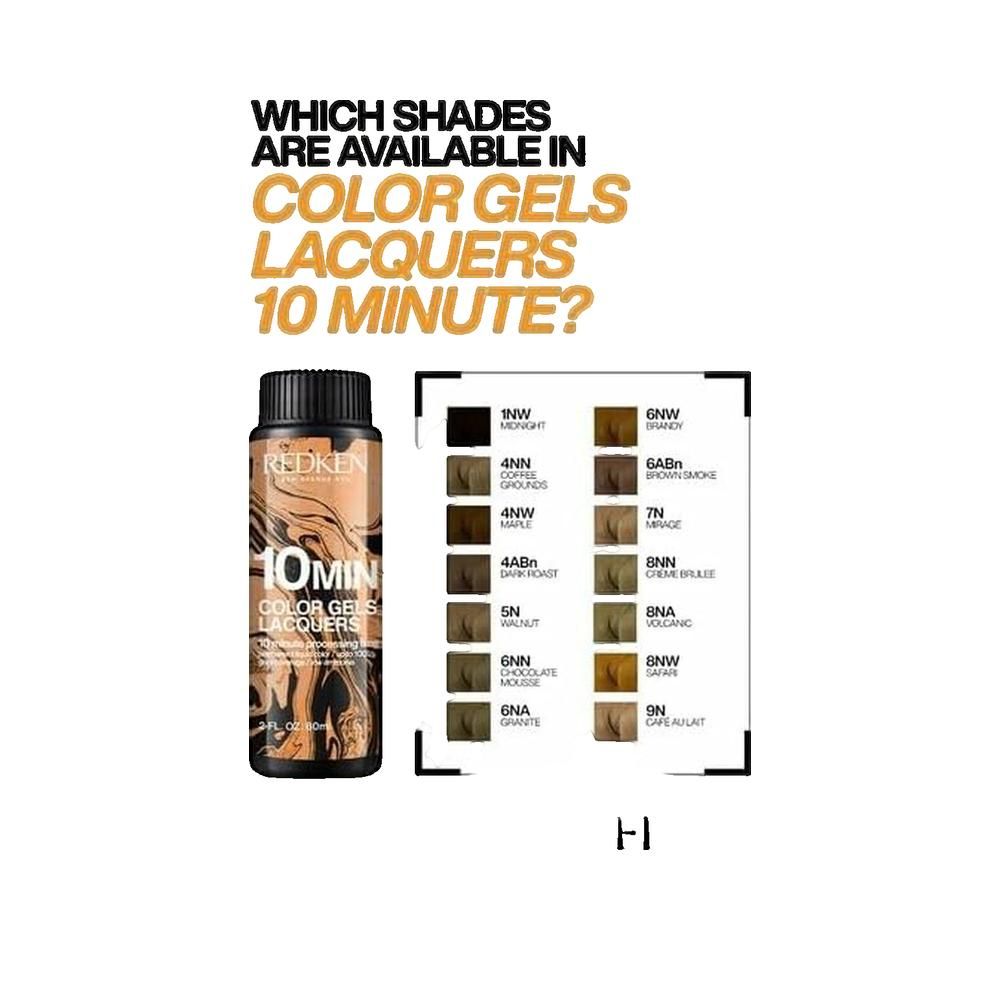 Farbgel-Flasche mit Farbtabelle. Aufschrift: Color Gels Lacquers 10 Minute. Farbtöne: 1NW, 4NN, 5N, 6NN, 6NA, 6NW, 4AB, 5AB, 7N, 8NN, 8NA, 9N.