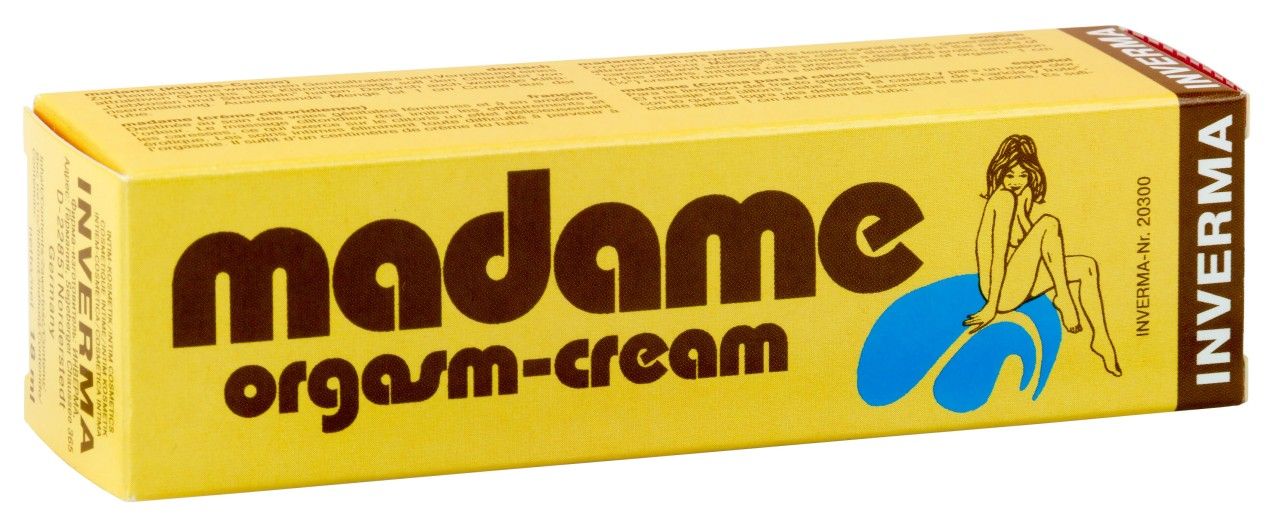 Gelbe Schachtel mit braunem Schriftzug "madame orgasm-cream". Logo einer Frau auf blauem Kissen. Marke: Inverma.