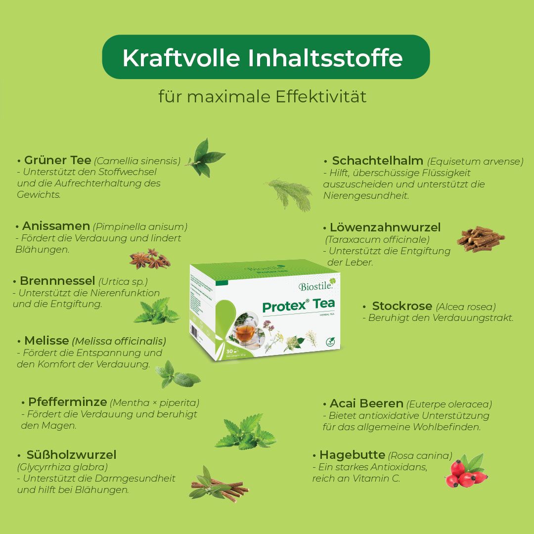 Biostile Protex Tee Karton mit detaillierten Inhaltsstoff-Informationen.