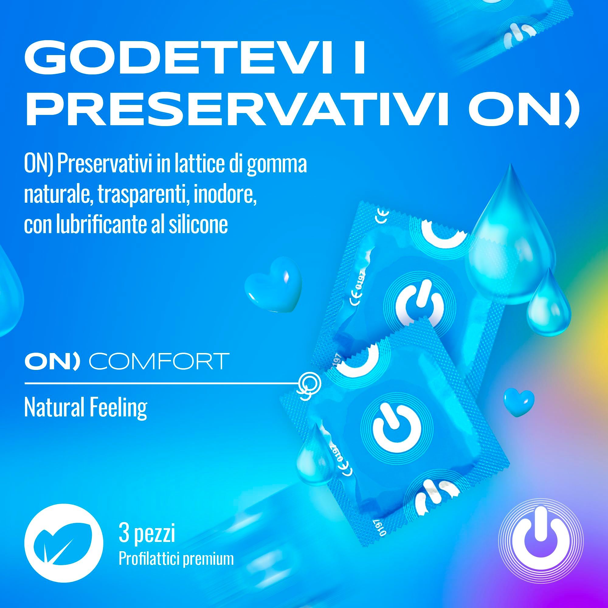 Verpackung mit drei ON) Kondomen Natural Feeling, blau mit Logo.