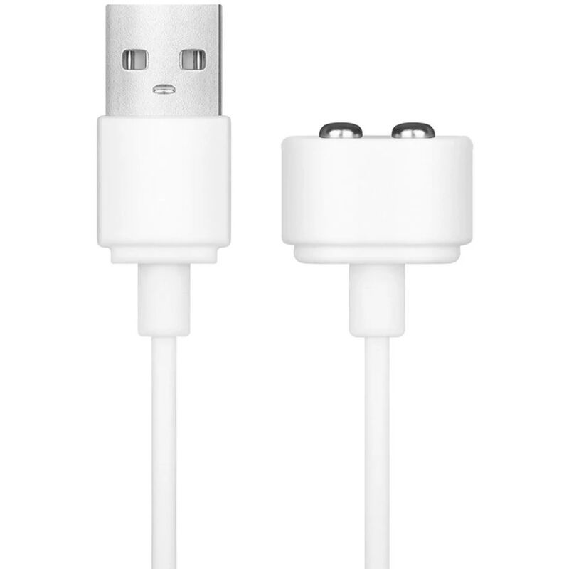 Nahaufnahme eines weißen USB-A-Steckers und eines magnetischen Anschlusses. Beide sind weiß und durch ein Kabel verbunden.