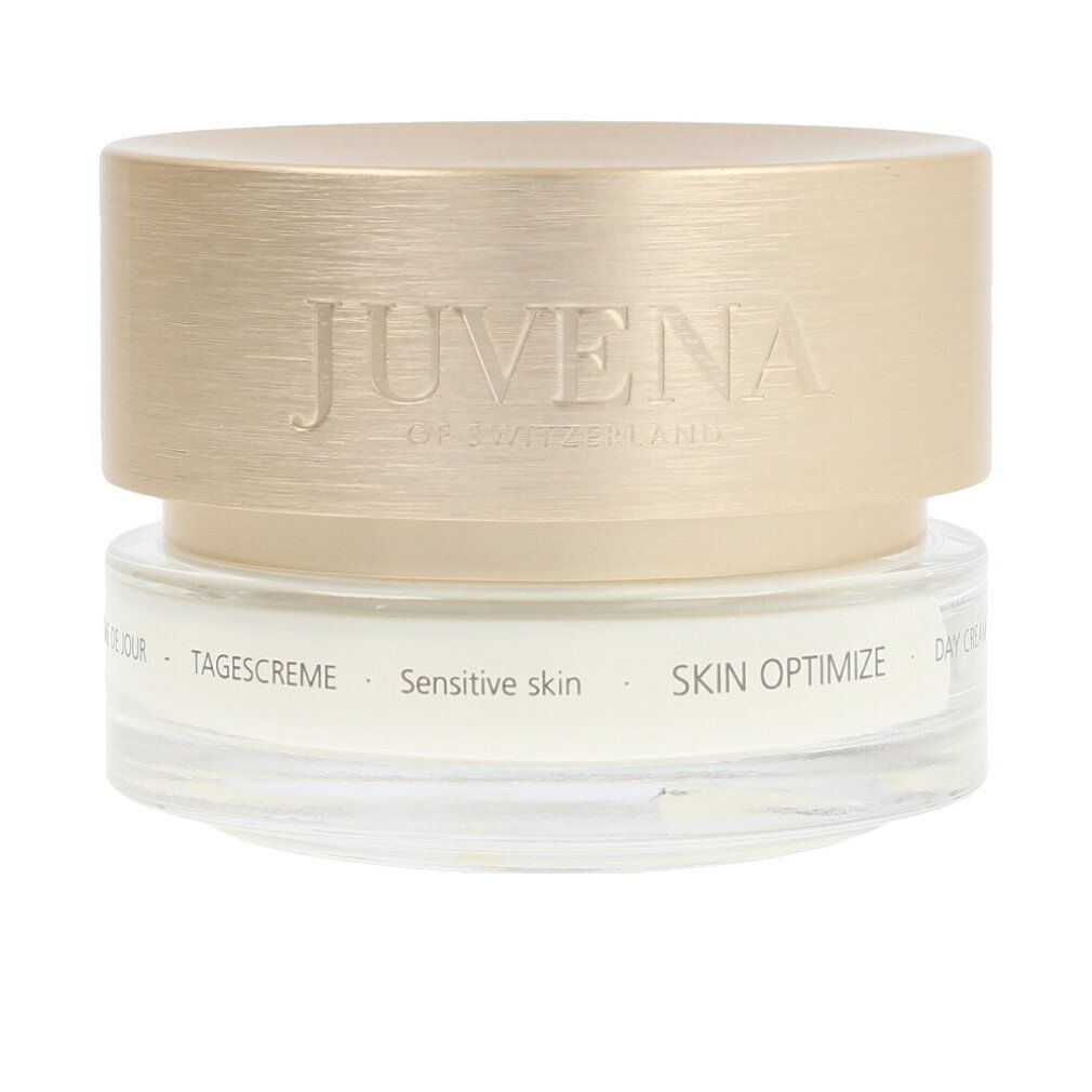 Creme-Glas mit goldfarbenem Deckel. Aufschrift: Juvena of Switzerland, Skin Optimize, Day Cream, Crème de Jour, Tagescreme.