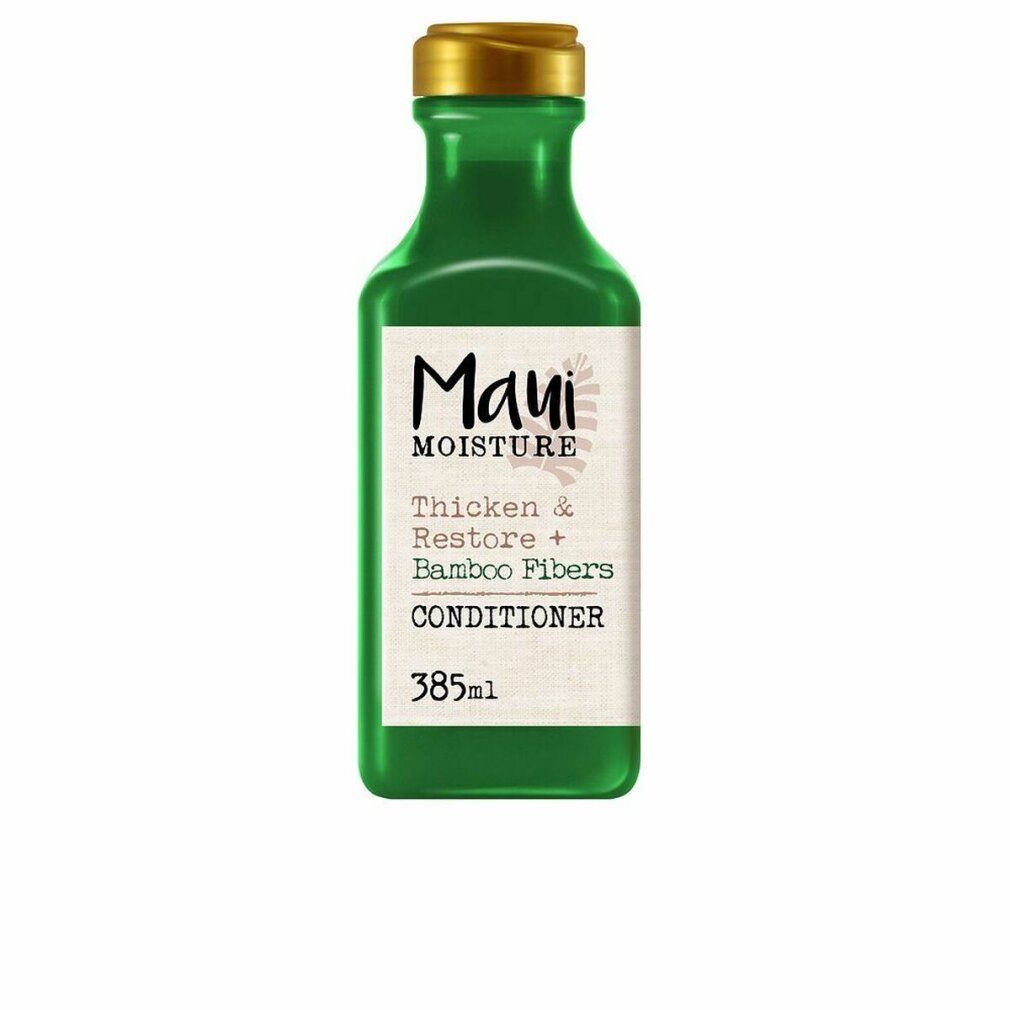 Grüne Flasche mit goldfarbenem Deckel. Aufschrift: Maui Moisture, Thicken & Restore + Bamboo Fibers Conditioner. 385ml.