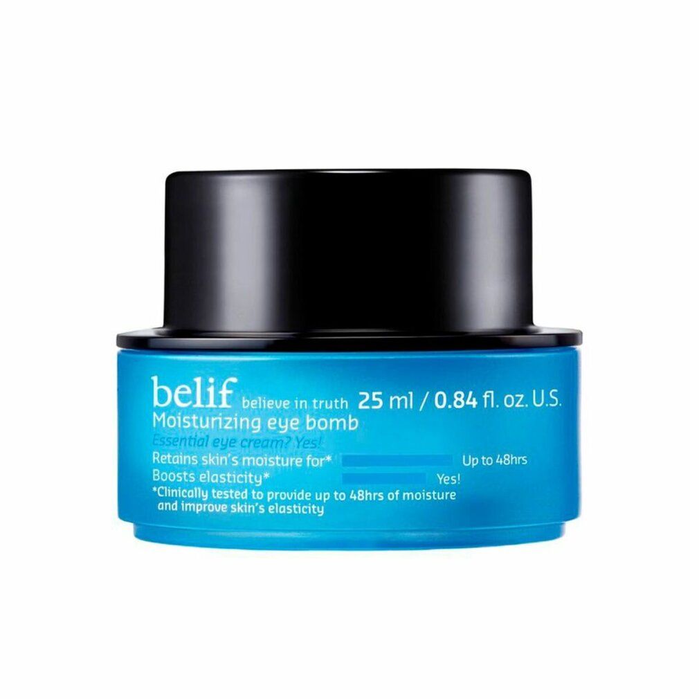 Blaues Tiegel mit schwarzem Deckel. Aufschrift: belif, Moisturizing eye bomb, 25 ml / 0.84 fl. oz. U.S.