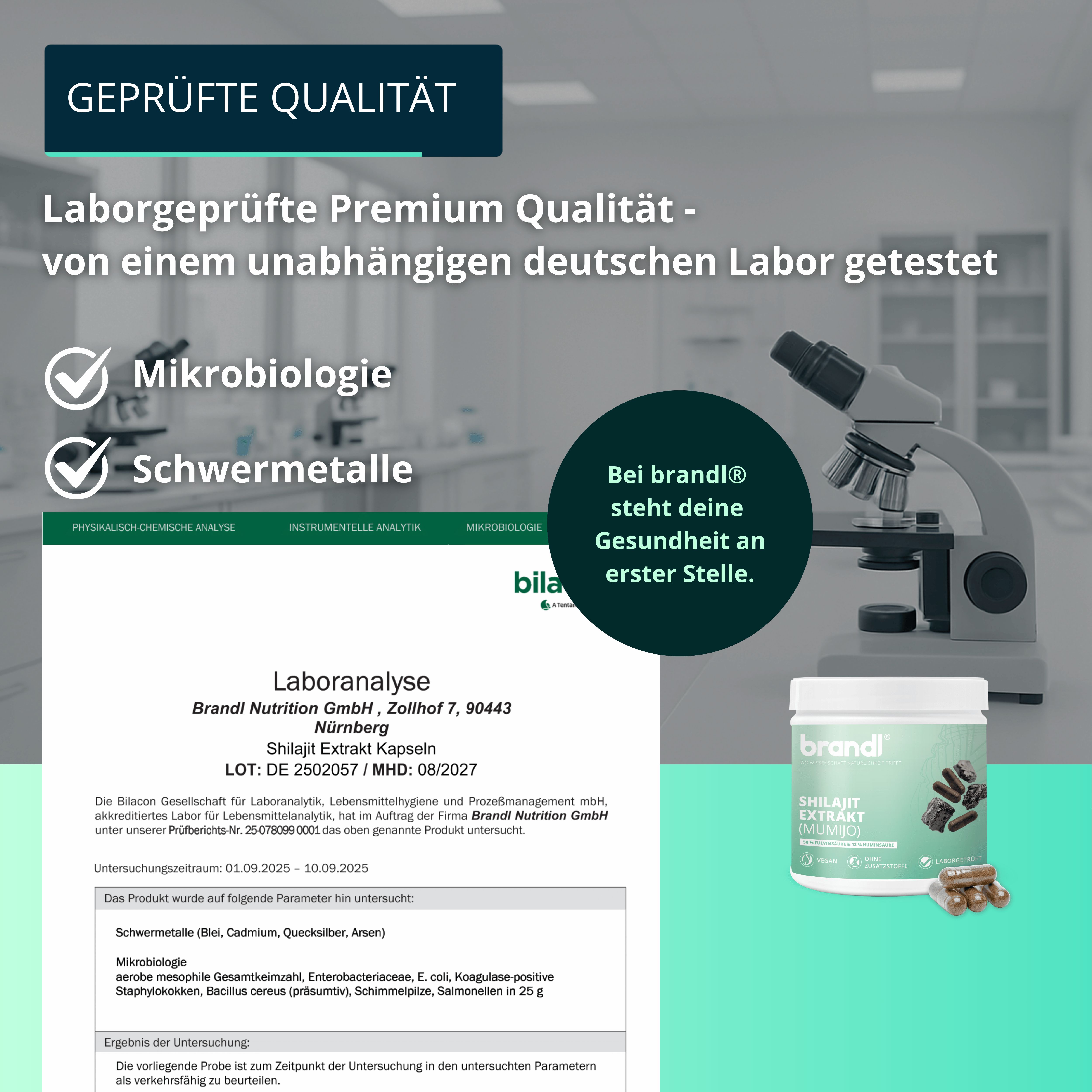 Laboranalyse, Mikroskop, Produktverpackung mit Text: Shilajit Extrakt (Mumijo). Laborgeprüfte Premium Qualität. Text: Mikrobiologie, Schwermetalle.