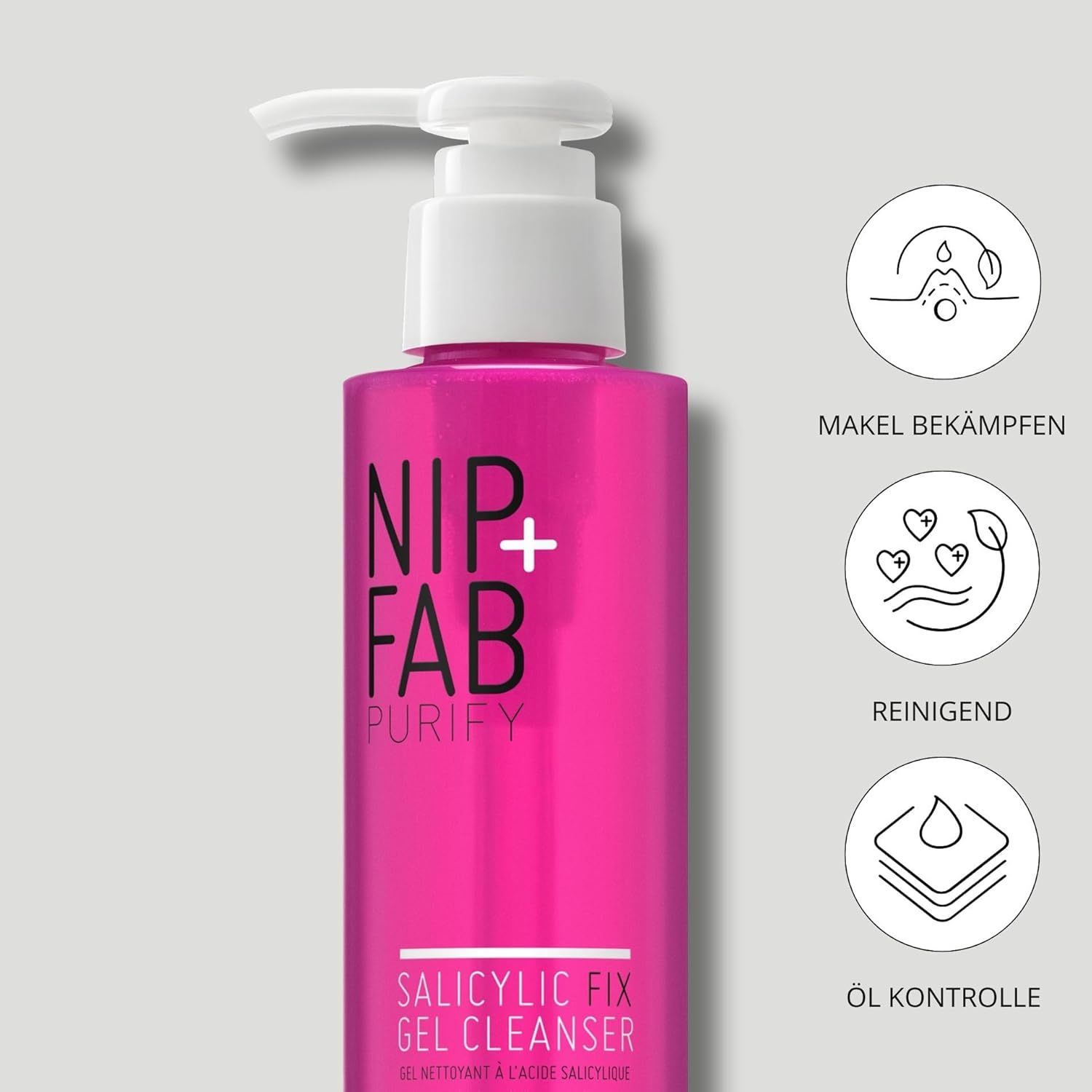 Rosa Flasche mit weißem Pumpkopf. Aufschrift: NIP+FAB, Salicylic Fix Gel Cleanser. Icons: Makel bekämpfen, reinigend, Öl Kontrolle.