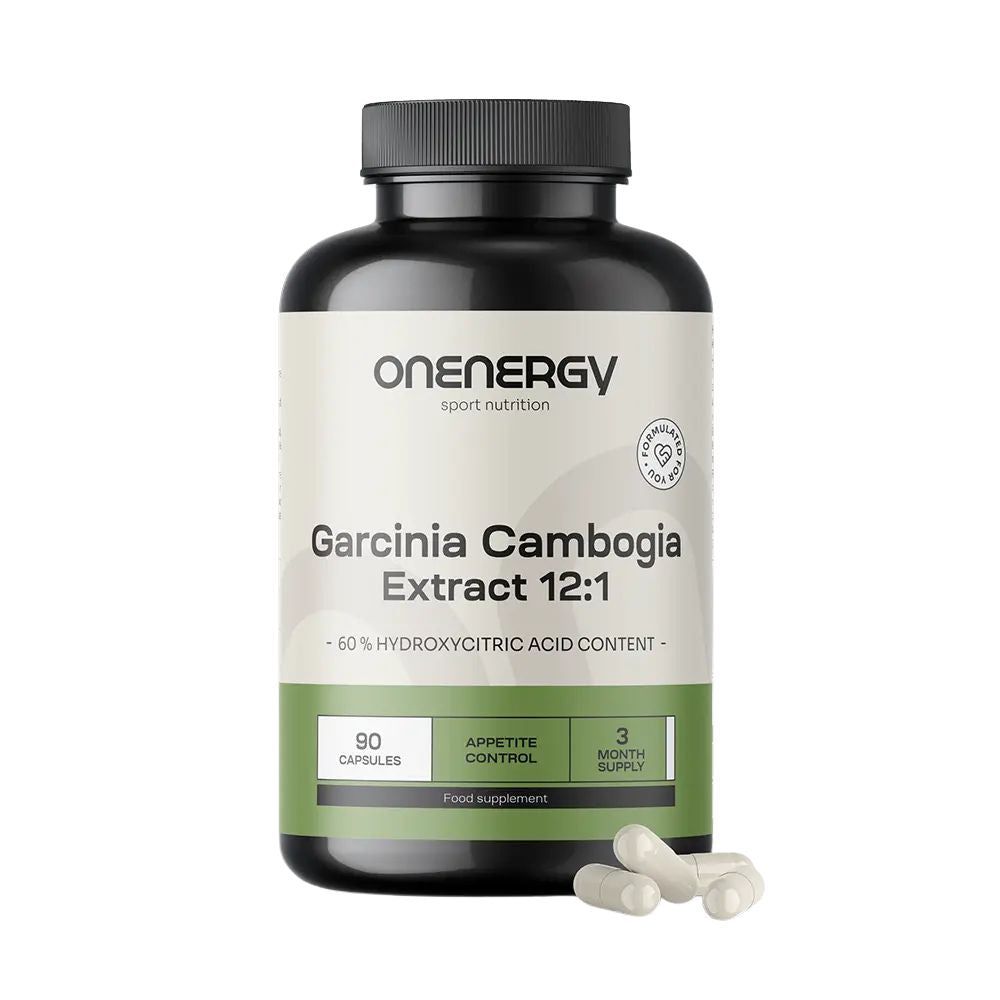 OnEnergy Garcinia Cambogia Extrakt 12:1 in einer schwarzen Flasche. 90 Kapseln, 3-Monats-Vorrat. Mit grünen Etikettendetails.