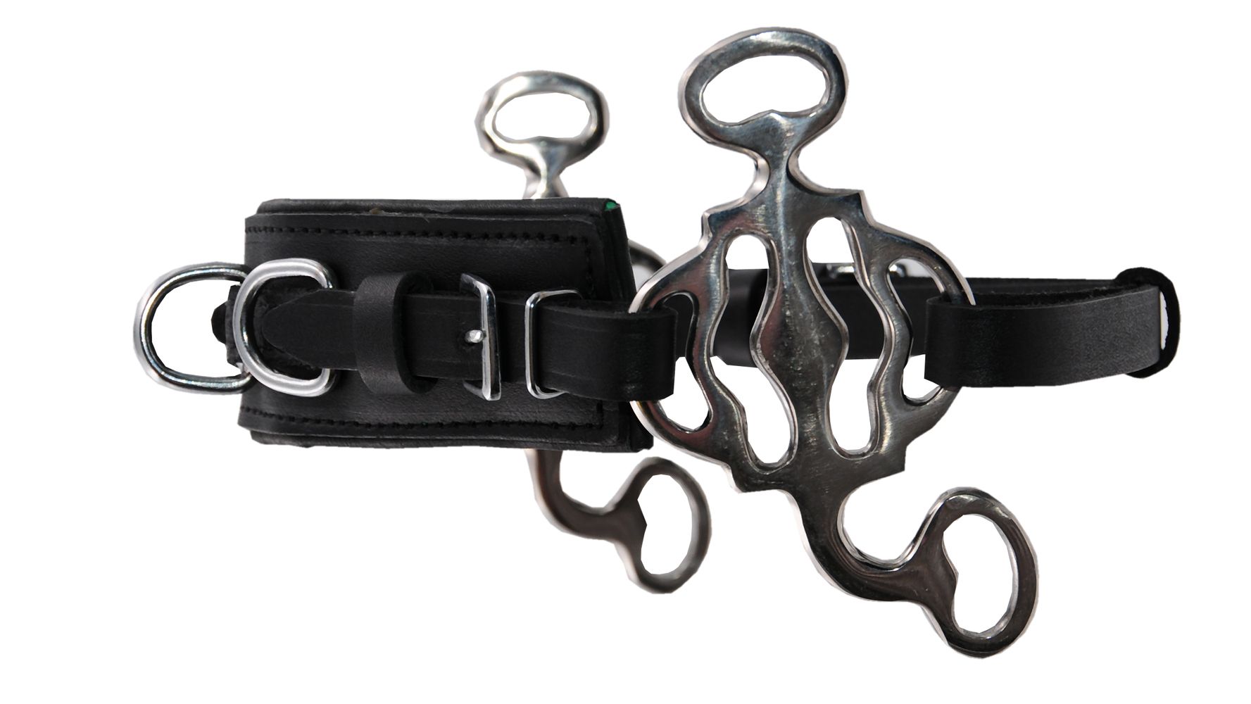 Hackamore Barock. Metall und Leder. Schwarzes Leder, silberfarbenes Metall. Gebisslose Zäumung.