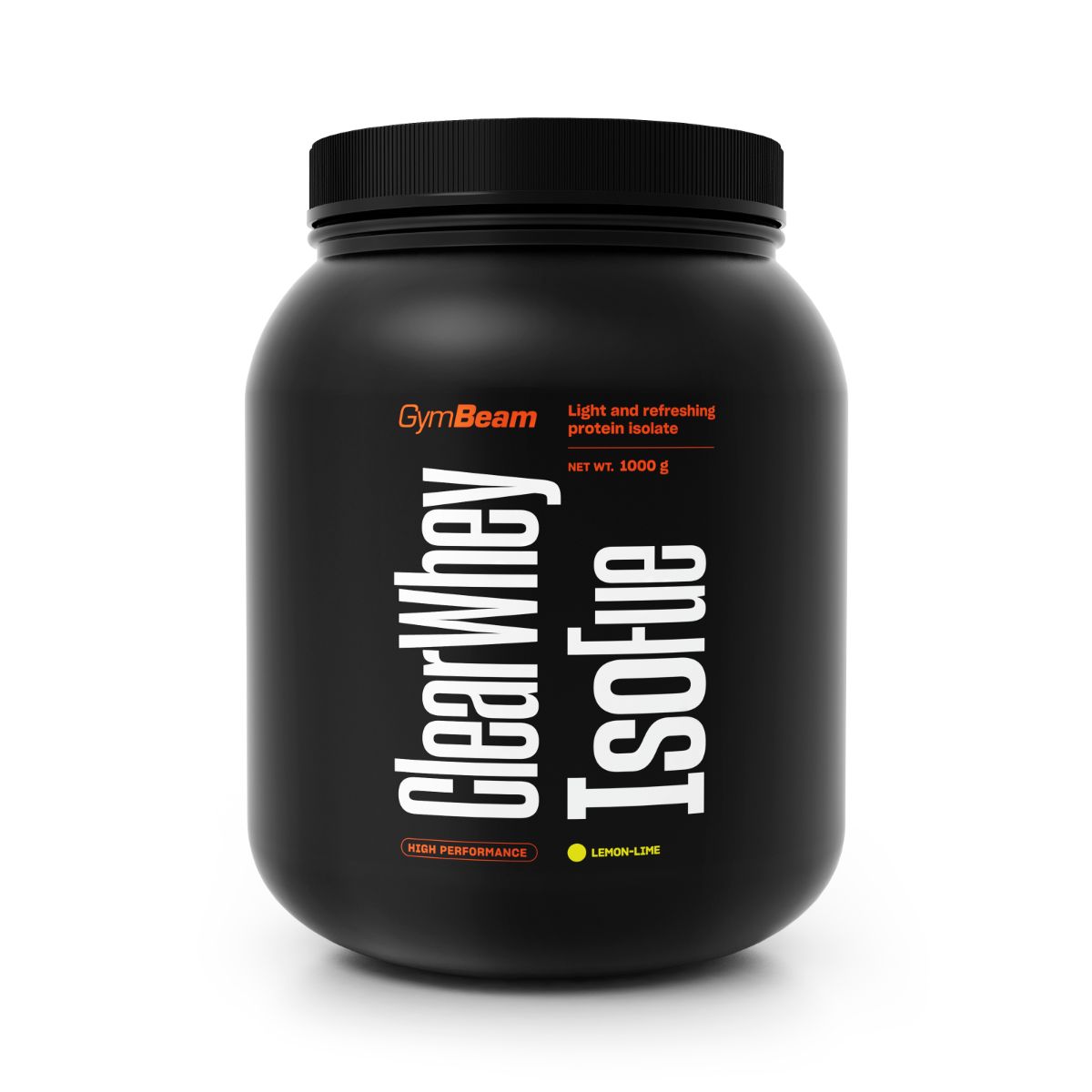 Schwarzer Behälter mit GymBeam Clear Whey IsoFue Molkenprotein-Isolat Pulver, 1000g, Geschmack Zitrone-Limette.