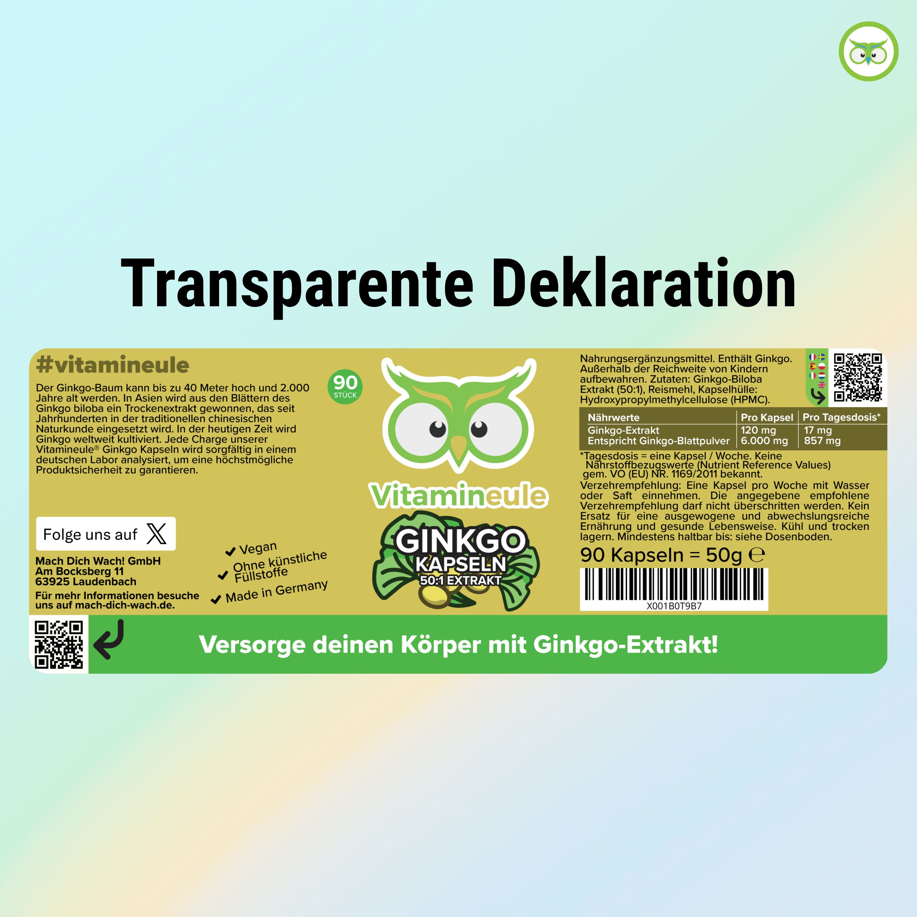 Etikett mit Produktinformationen. Vitamineule Ginkgo Kapseln 50:1 Extrakt. 90 Kapseln, 50g. Enthält Ginkgo-Extrakt. QR-Code und weitere Informationen.