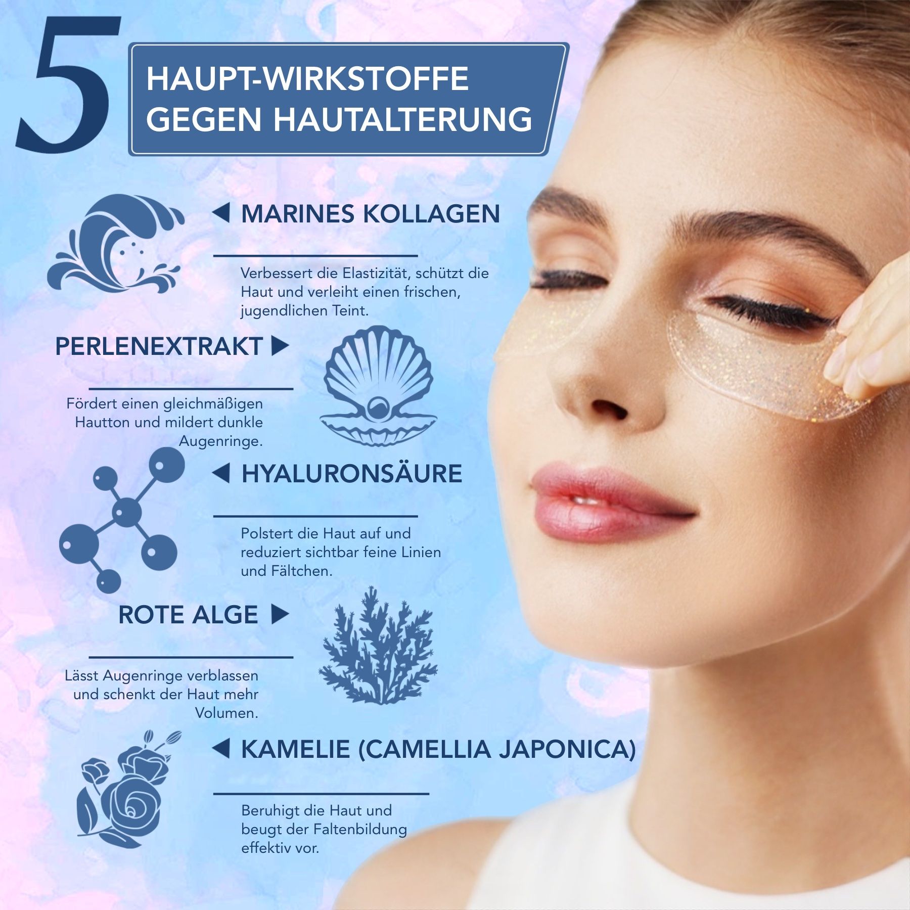 Frau mit Augenpads. Diagramm mit Inhaltsstoffen: Meereskollagen, Perlenextrakt, Hyaluronsäure, Rote Alge, Kamelie.