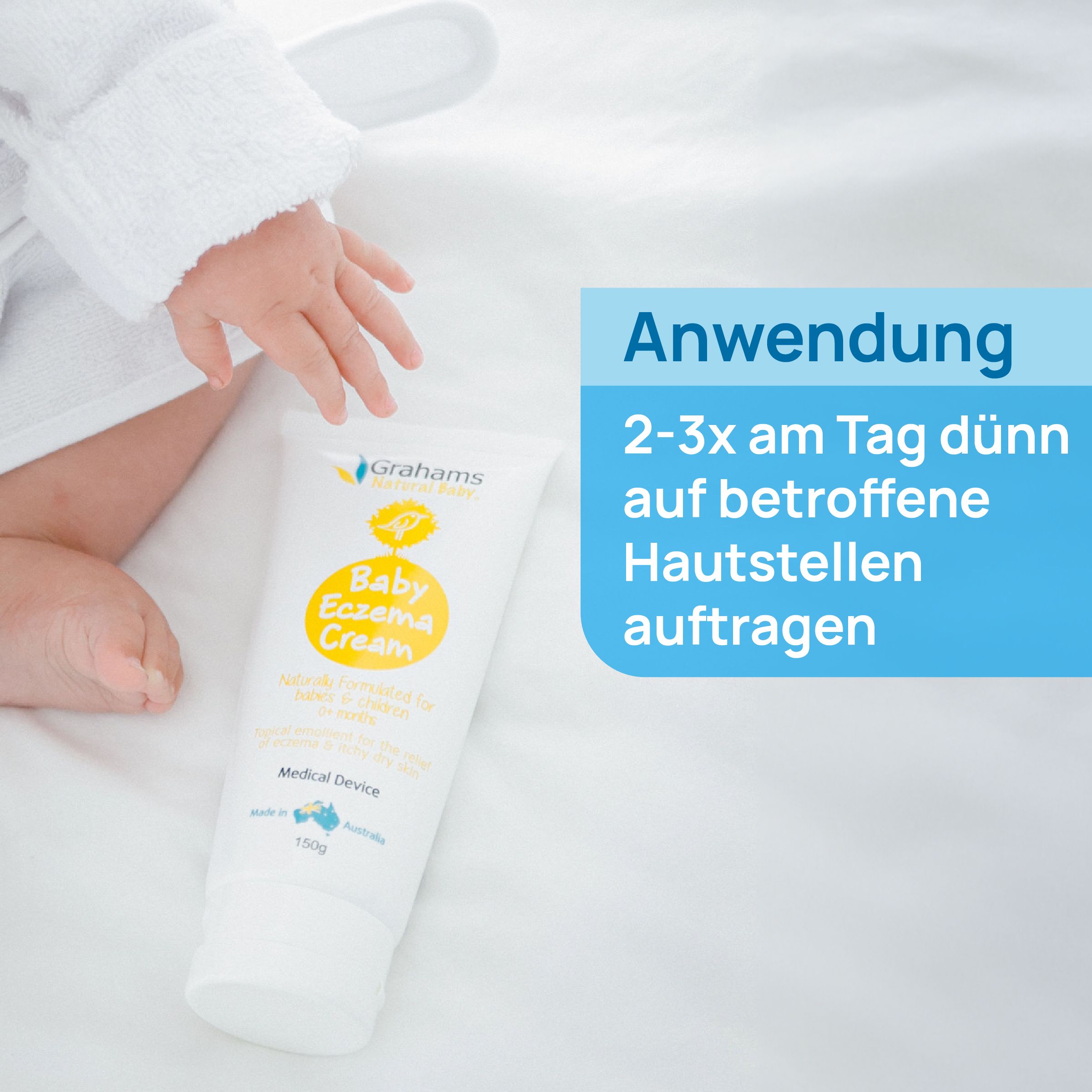 Creme-Tube mit Babyhand. Text: Anwendung: 2-3x täglich dünn auf betroffene Hautstellen auftragen.