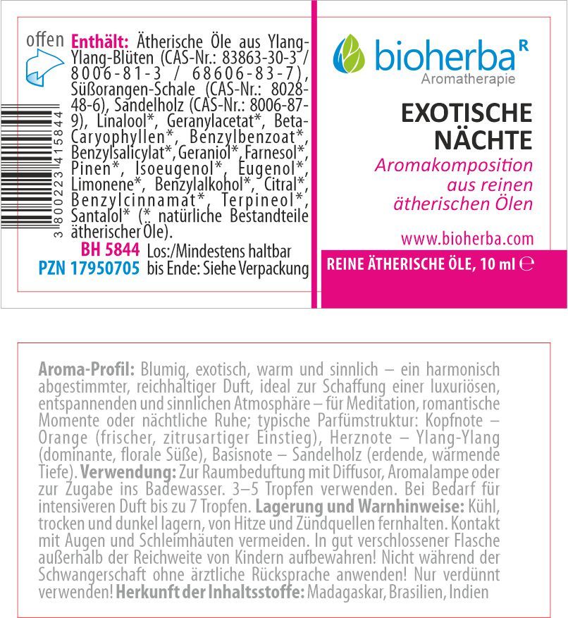 Etikett mit Produktinformationen. Enthält ätherische Öle. Text: Bioherba Exotische Nächte, 10 ml. Inhaltsstoffe und Warnhinweise.