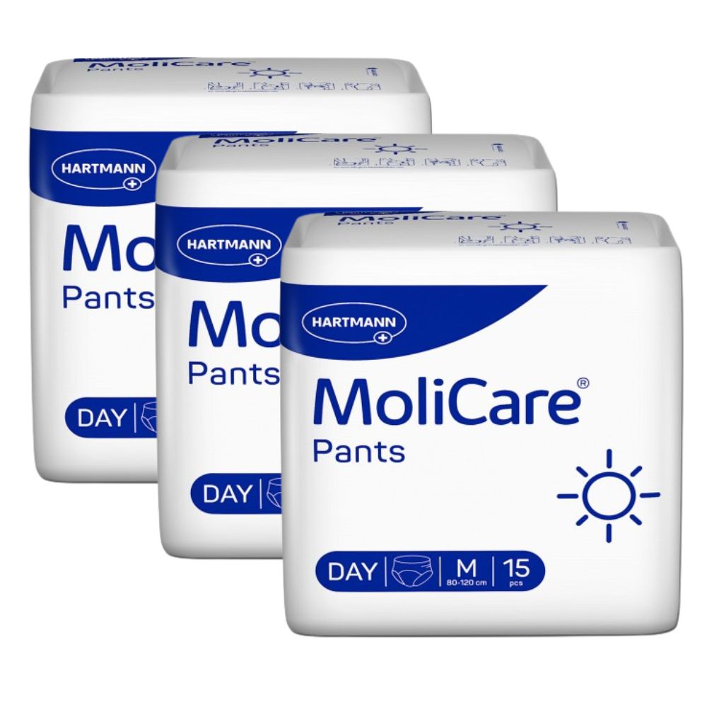 Drei Packungen MoliCare Pants Day M. Weiße Verpackung mit blauer Schrift und Logo. Sonnensymbol. 15 Stück.