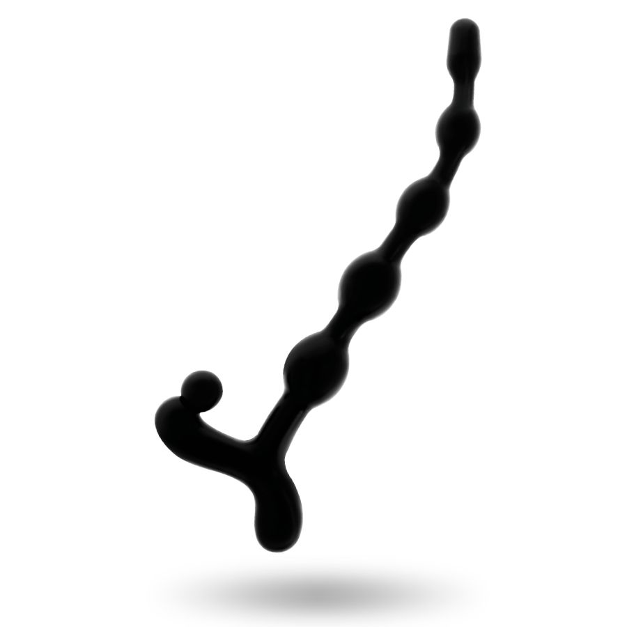 Schwarze Analkugelkette aus TPR. Mehrere Kugeln unterschiedlicher Größe, verbunden durch einen Strang. Y-förmiger Griff.