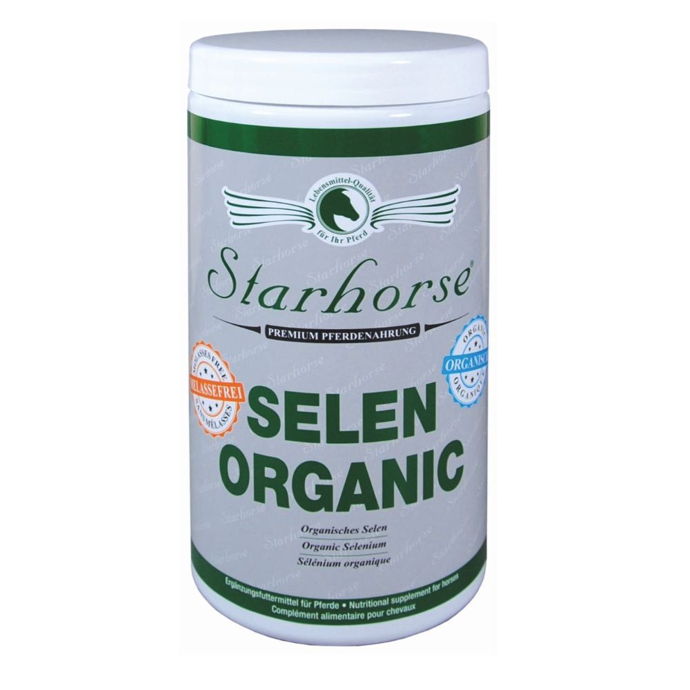 Zylindrische Dose mit Starhorse SELEN ORGANIC-Aufdruck. Weißer Deckel, grüne und blaue Schrift. Organisches Selen.